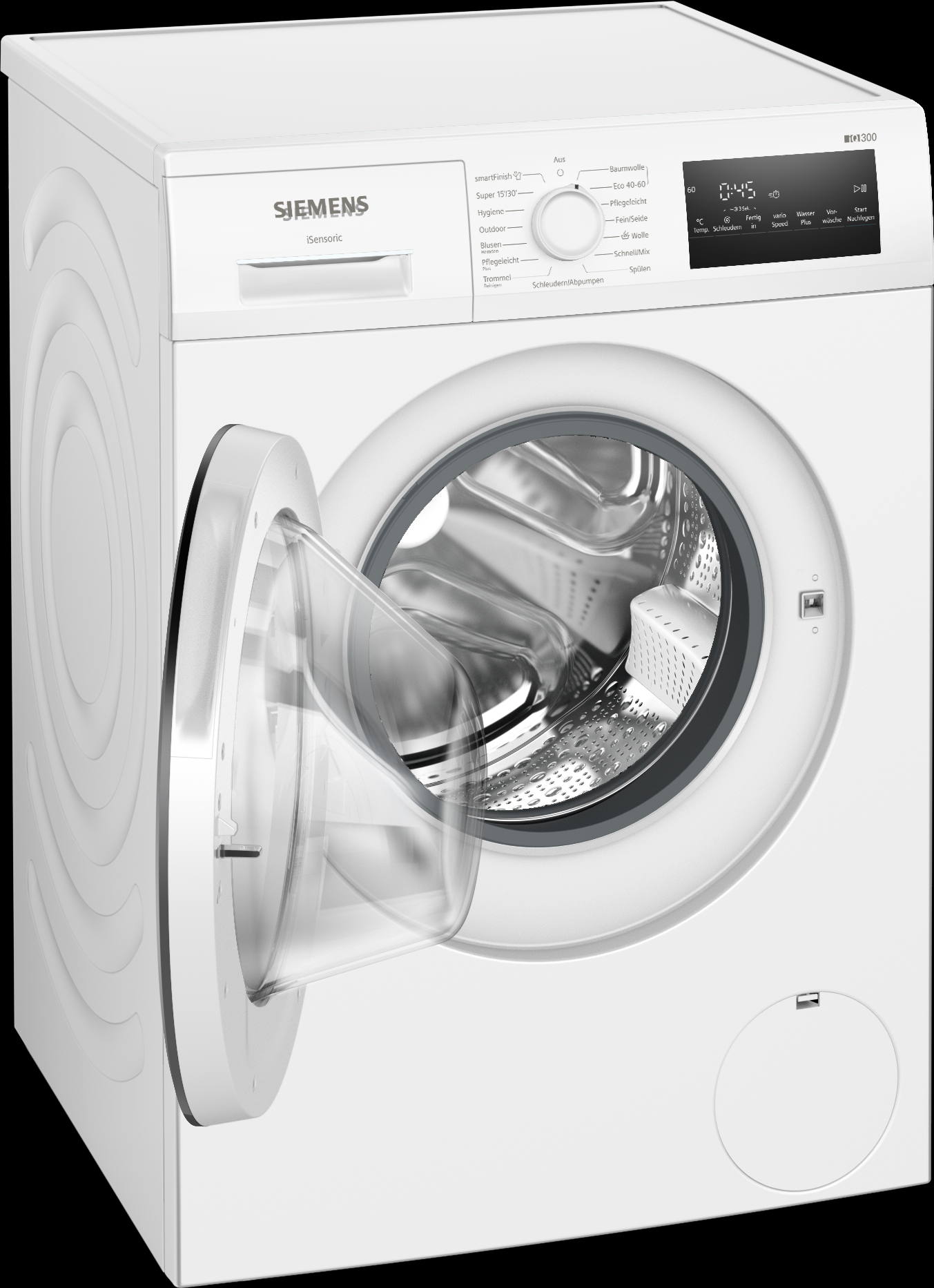 Eine weiße Siemens Waschmaschine mit offener Tür. Bedienelemente und ein Digitaldisplay sind sichtbar.