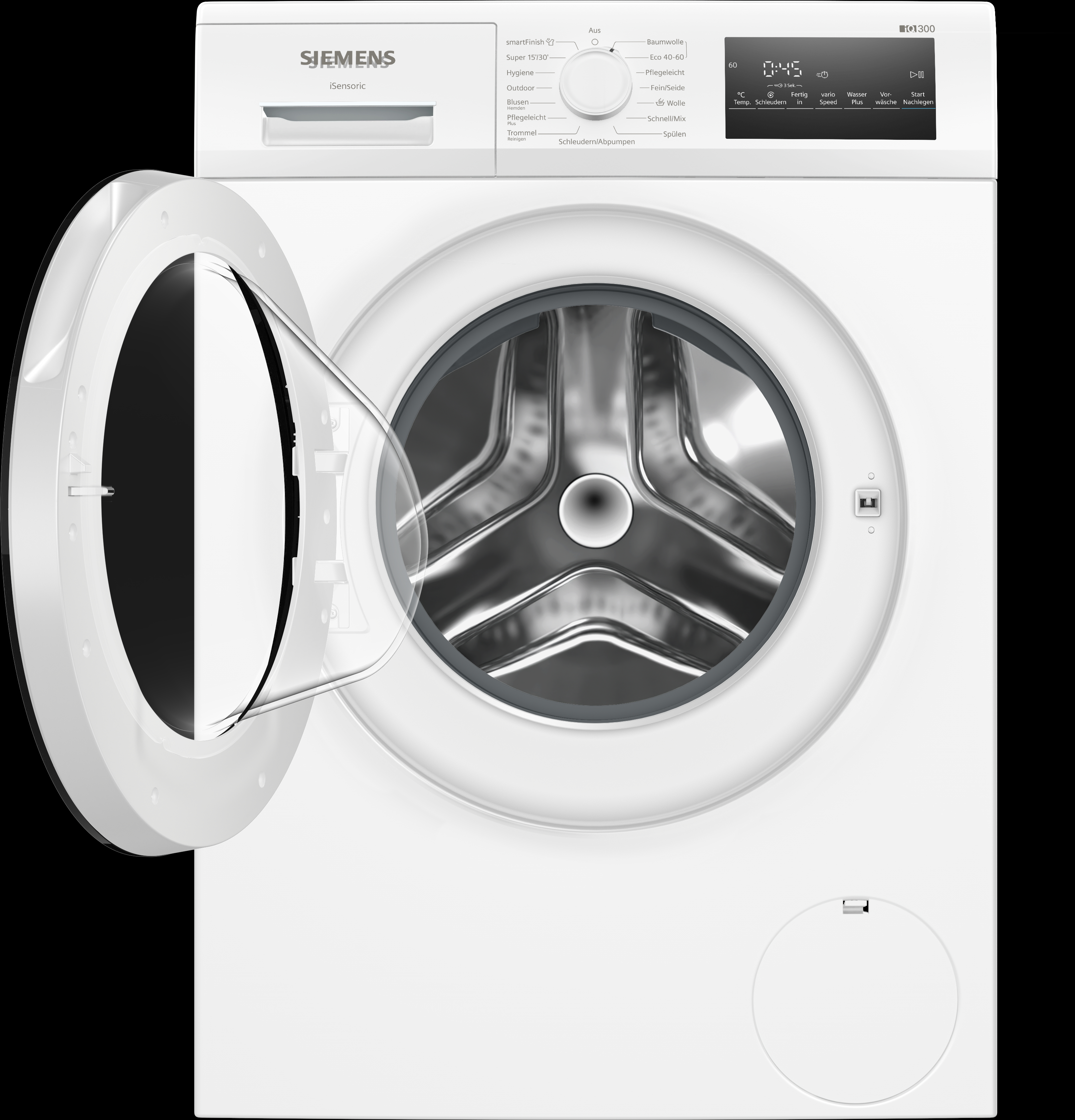 Weiße Siemens Waschmaschine mit offener Tür. Bedienfeld oben, zeigt verschiedene Einstellungen.