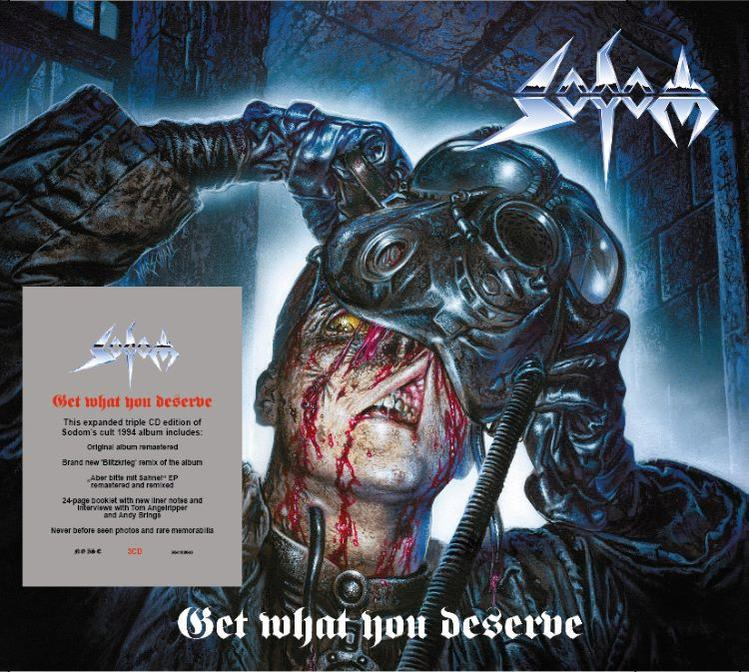 La pochette de l'album présente une figure grotesque portant un masque à gaz, avec du sang et des blessures visibles. Le texte dit 'Get what you deserve'.