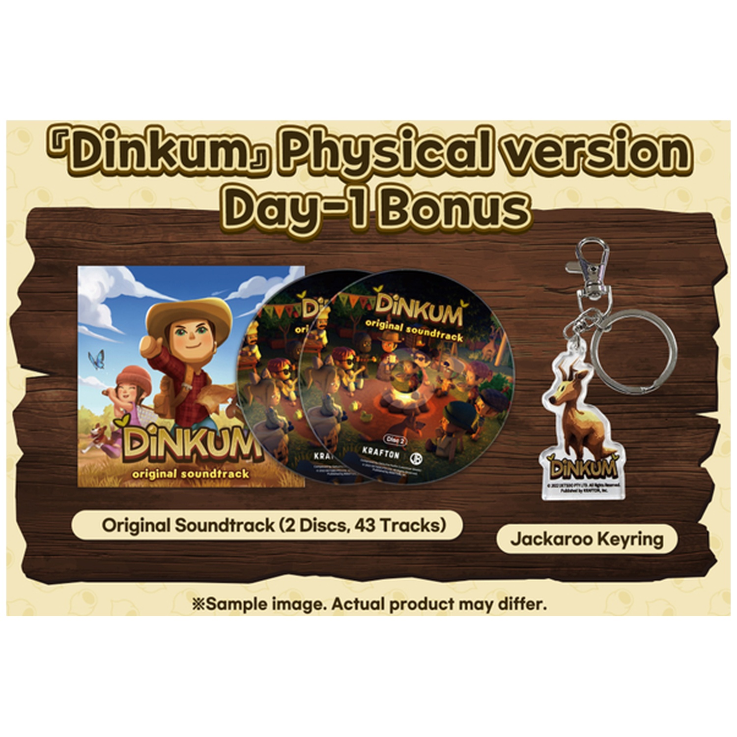 Version physique de Dinkum : CDs de la bande originale et un porte-clés Jackaroo. Présente l'art du jeu, des illustrations de personnages et des détails du produit.