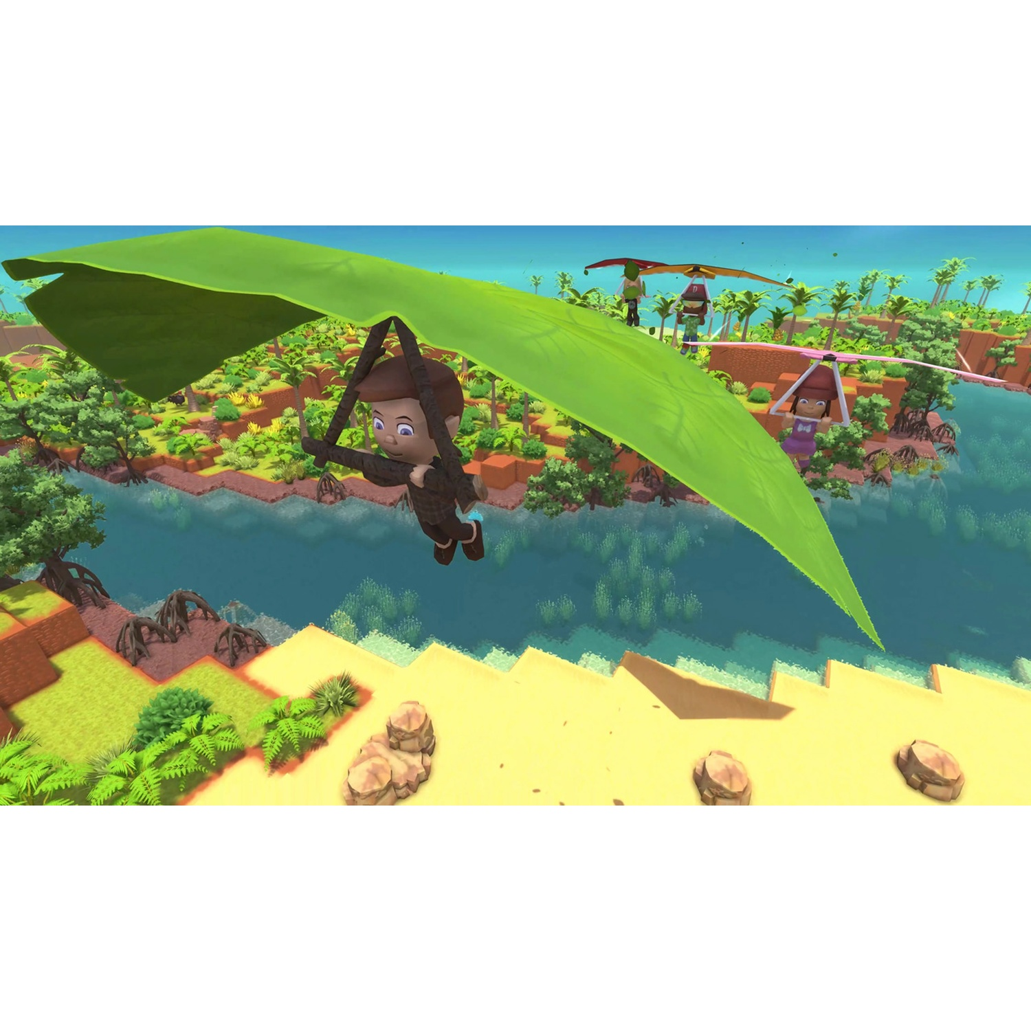 Un personnage de dessin animé plane sur un deltaplane en forme de feuille. D'autres planeurs et un paysage avec de l'eau, des arbres et du sable sont en arrière-plan.