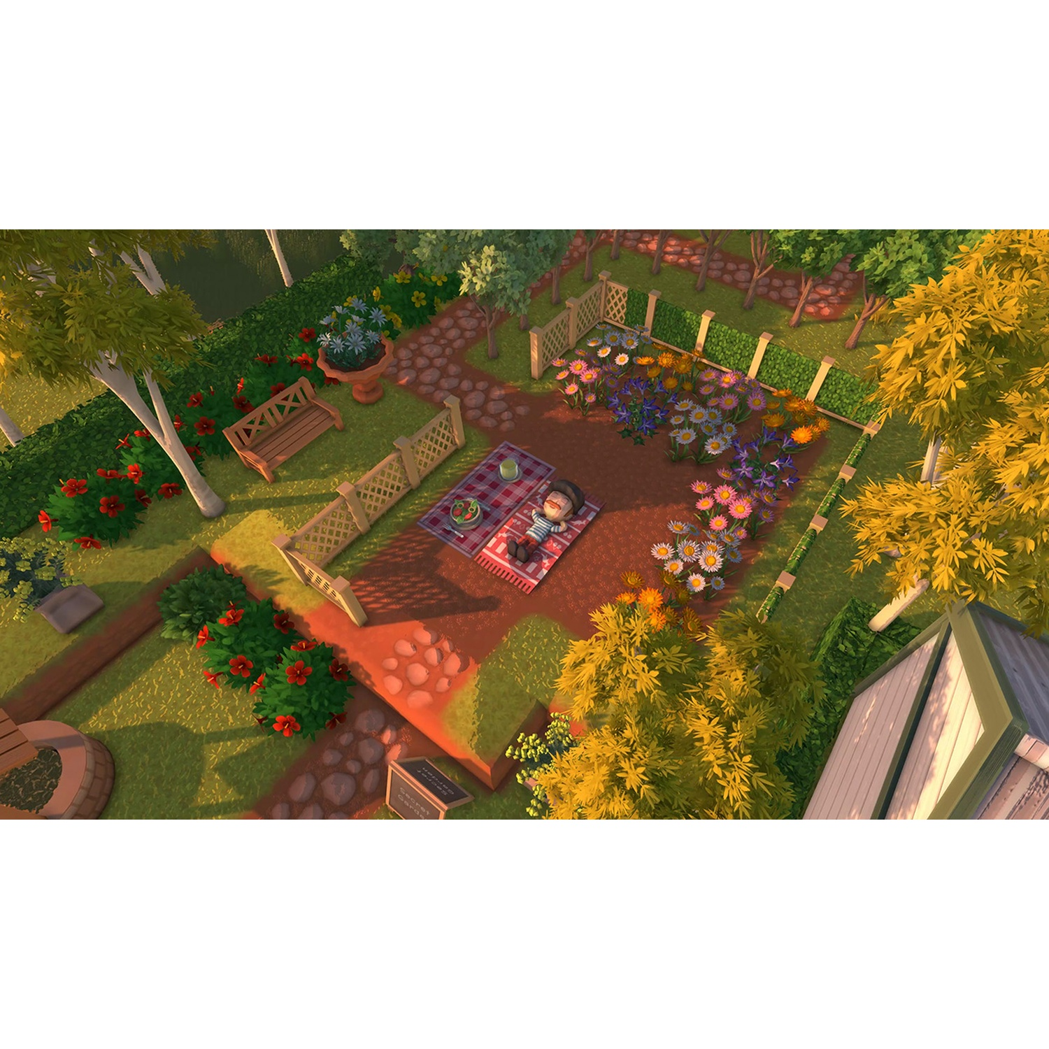 Vue aérienne d'un jardin avec un pique-nique. Fleurs, arbres, bancs et une maison sont visibles. Une personne est allongée sur une couverture de pique-nique.