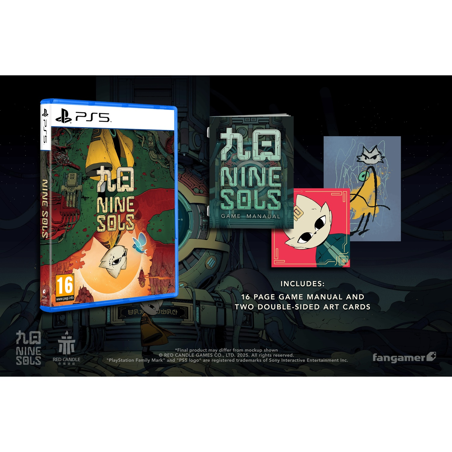 PS5-gamebox met Nine Sols-titel, handleiding en artcards. Bevat een gestileerd personage op een rode achtergrond met een mechanische achtergrond.