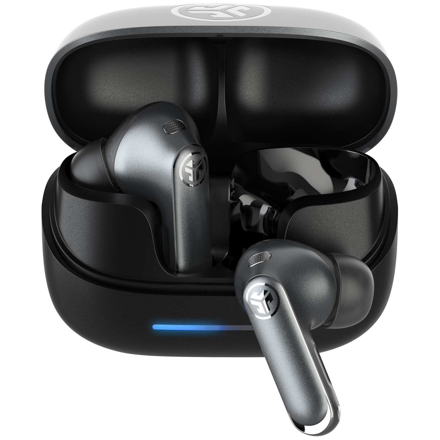 Open black charging case with two grey wireless earbuds inside. The case has a blue light and a logo on top.