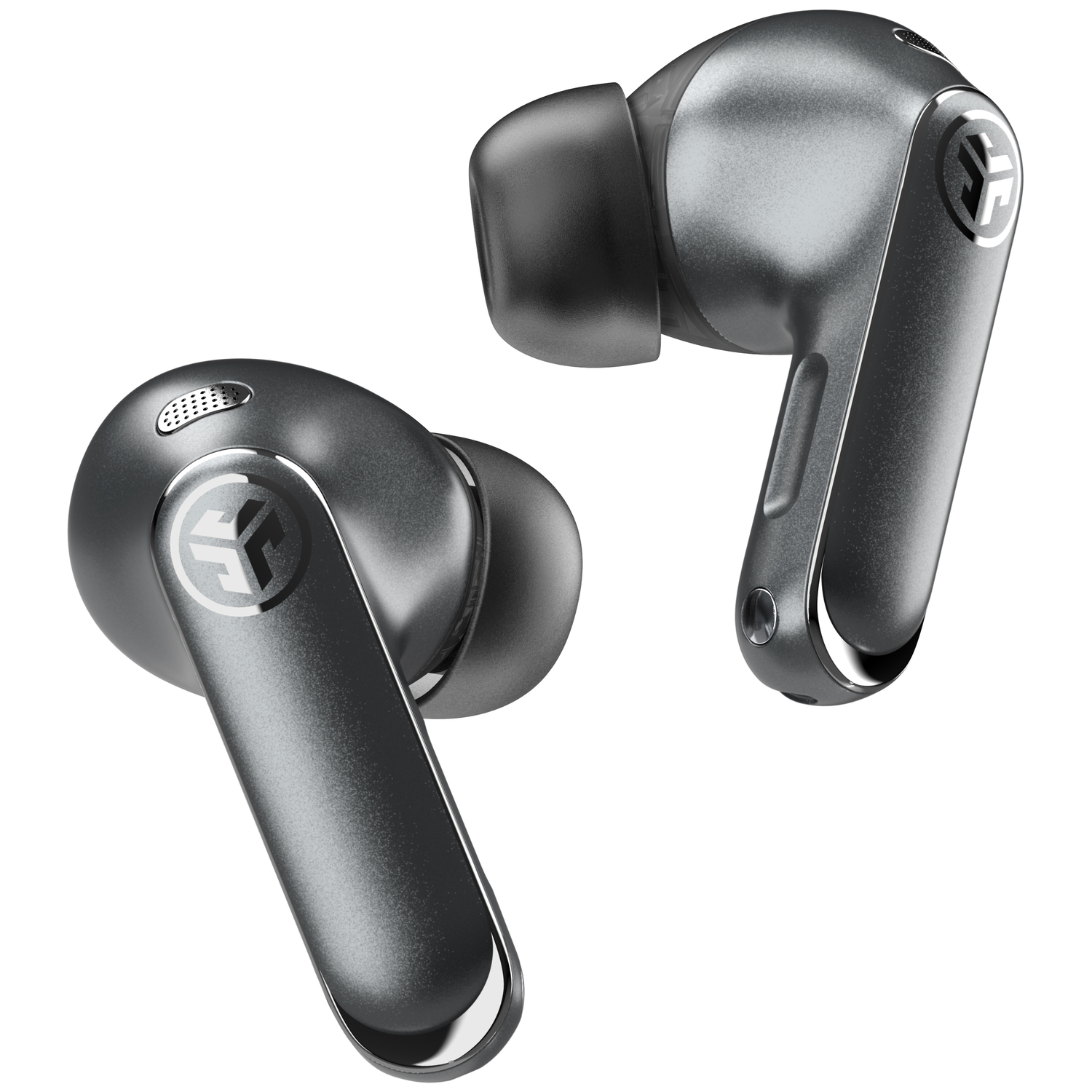 Two gray wireless earbuds. Each has a JLab logo. One earbud is angled, the other is straight.