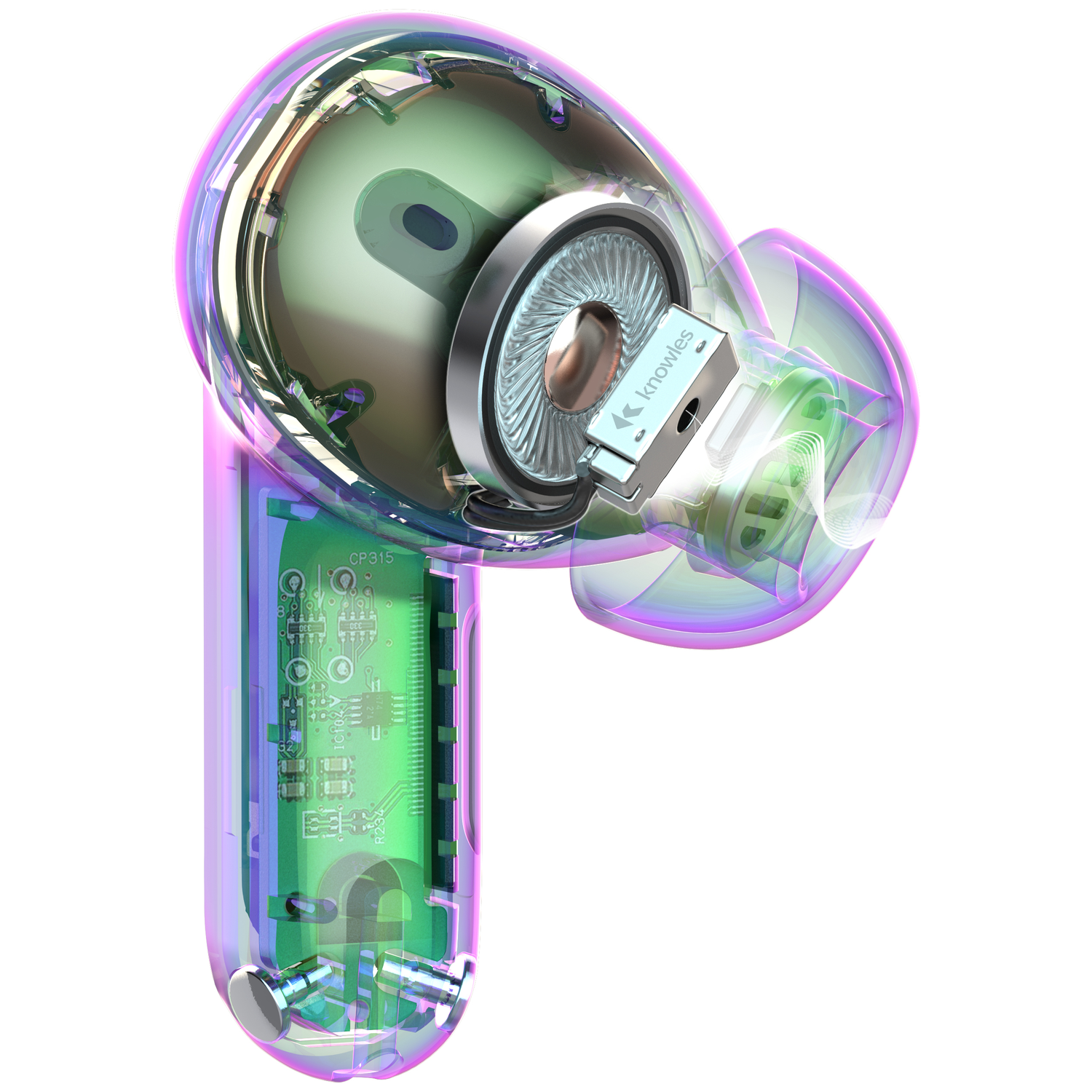 A transparent earbud with internal components visible. Features include a speaker, circuit board, and the 'Knowles' logo.