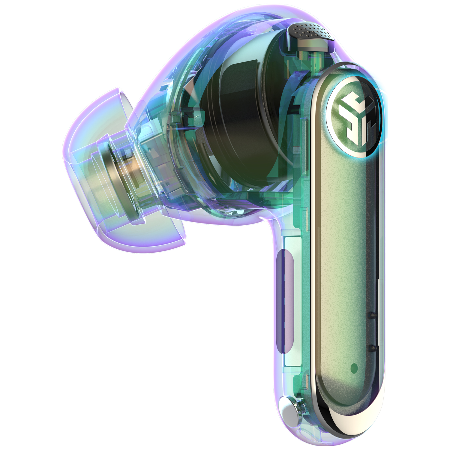 A transparent earbud with a futuristic design. It features a glowing logo and internal components visible through the shell.