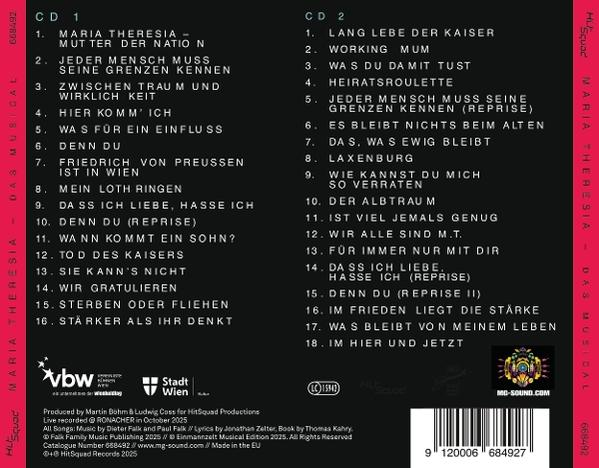 CD-Cover für "Maria Theresia - Das Musical". Enthält Songlisten von CD 1 & 2. Logos & Barcode.