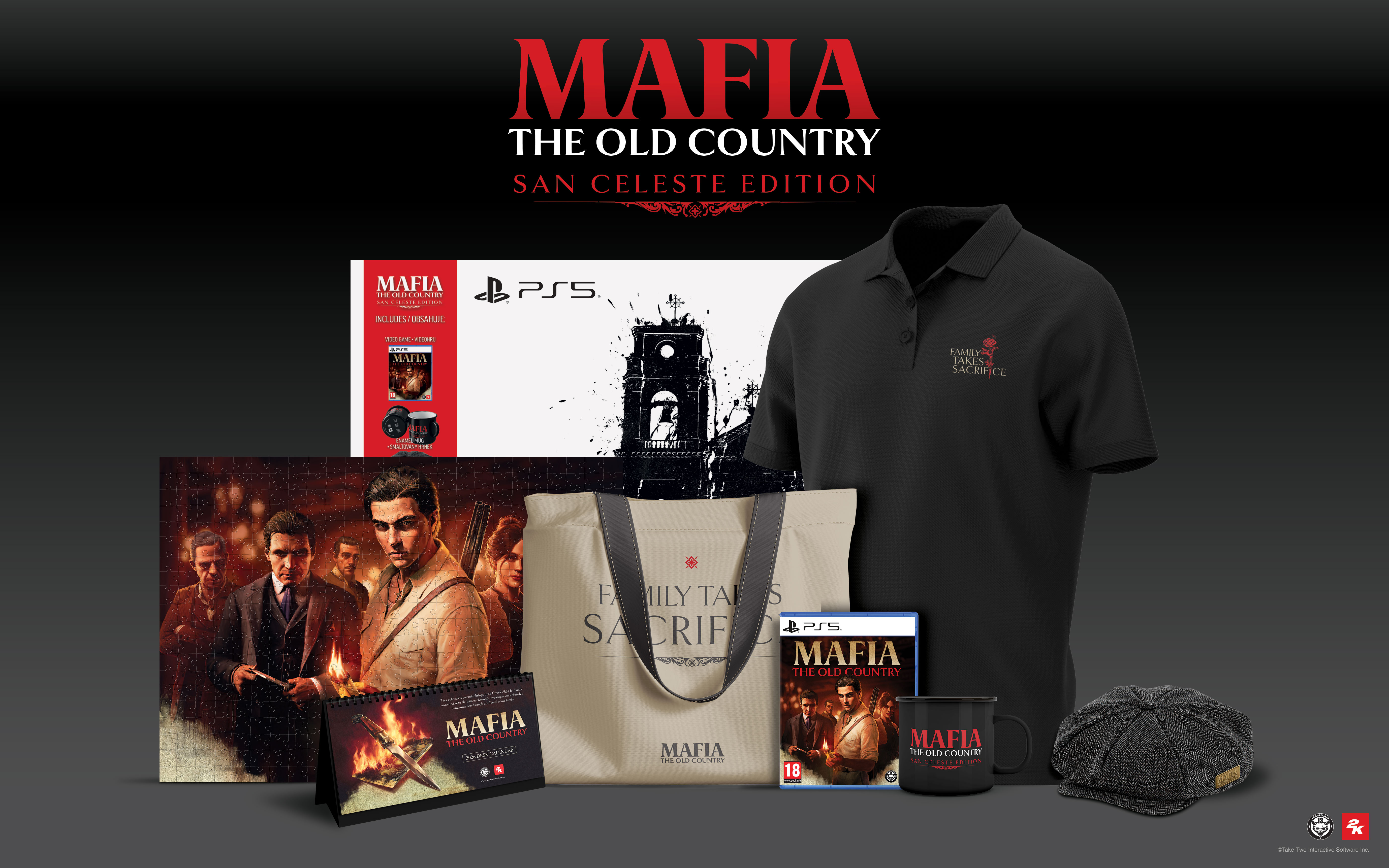 A Mafia: The Old Country San Celeste Edition promóciós termékei. Tartalmazza a játékot, a pólót, a táskát, a bögrét, a sapkát és a naptárt.