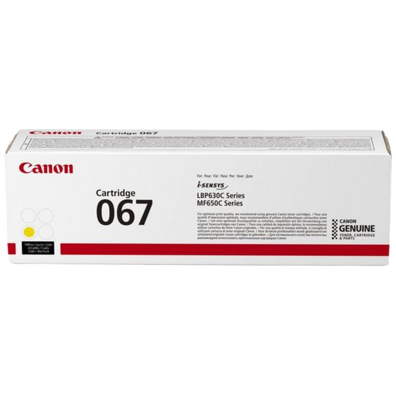Une boîte de cartouches Canon, blanche avec des accents rouges. Le texte comprend 'Cartridge 067', 'Canon' et d'autres détails.