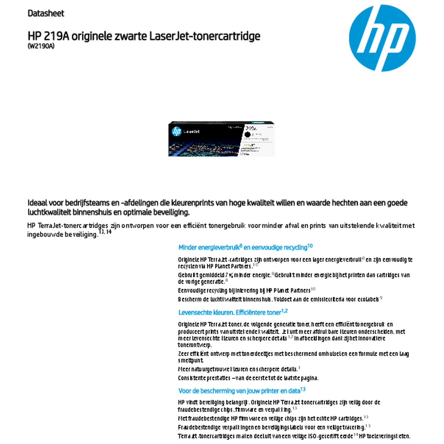 Datasheet for HP 219A toner cartridge. Contains text and the HP logo.
