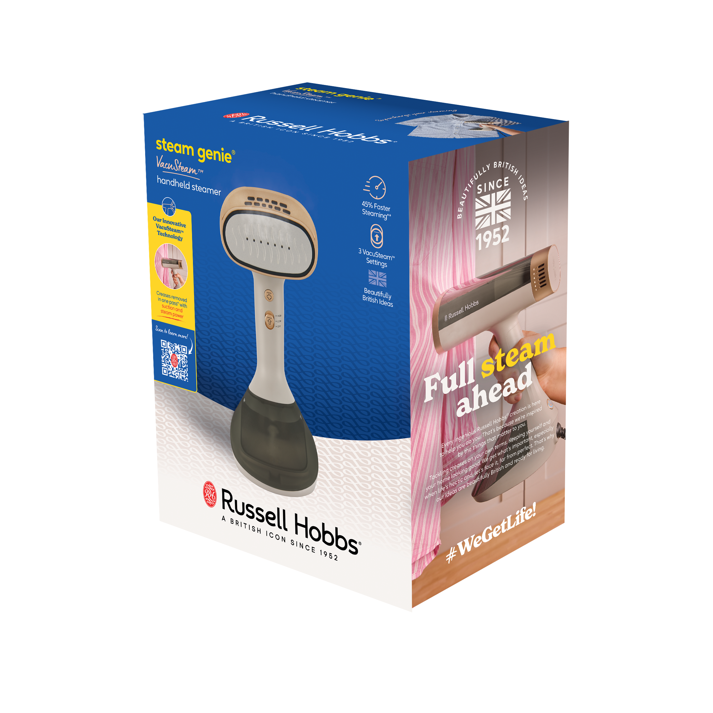 Pudełko parownicy ręcznej. To produkt Russell Hobbs. Pudełko jest biało-niebieskie, ze szczegółami produktu i kodem QR.