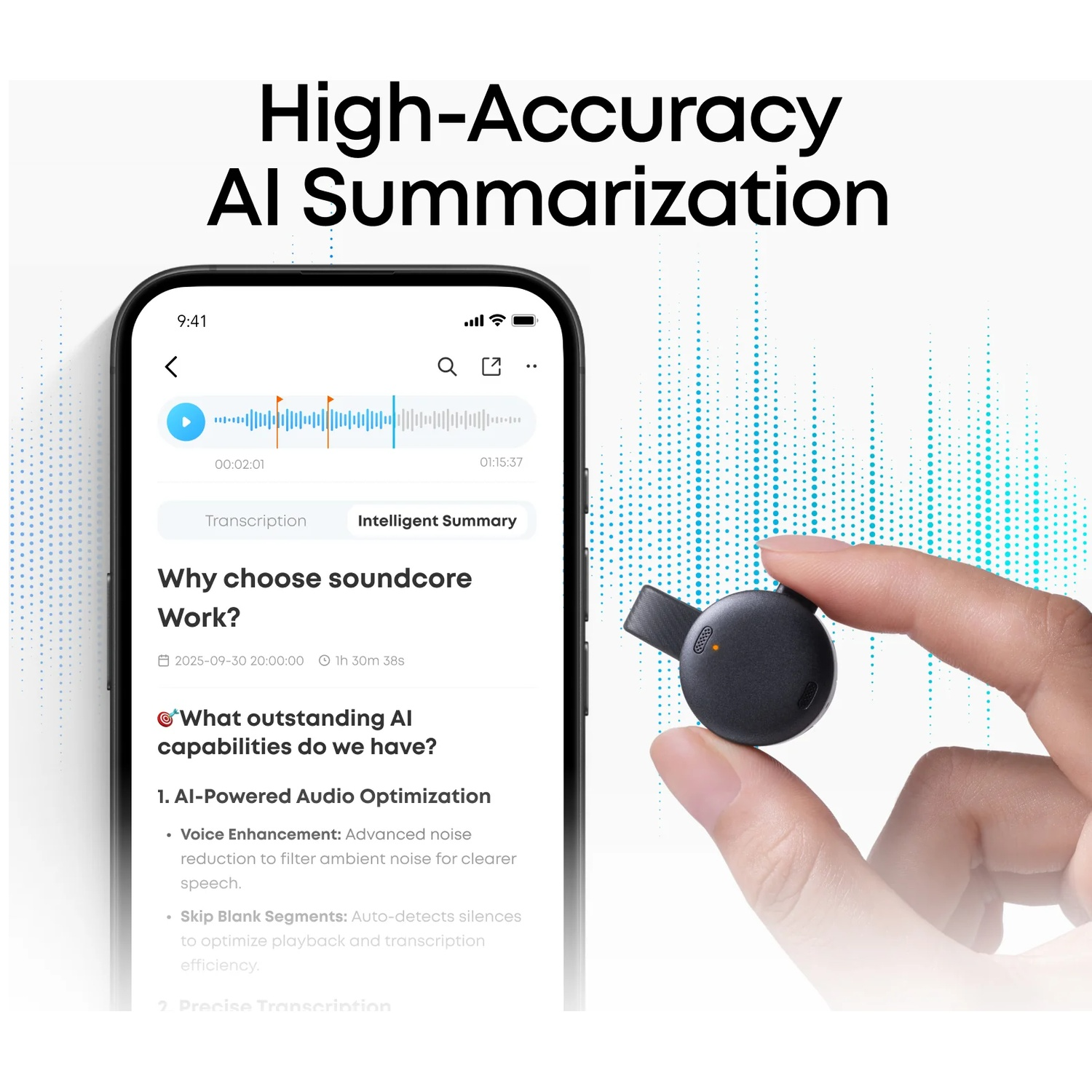 A hand holding a black device with a phone displaying audio transcription and summarization features. The background has text and a blue dot pattern.