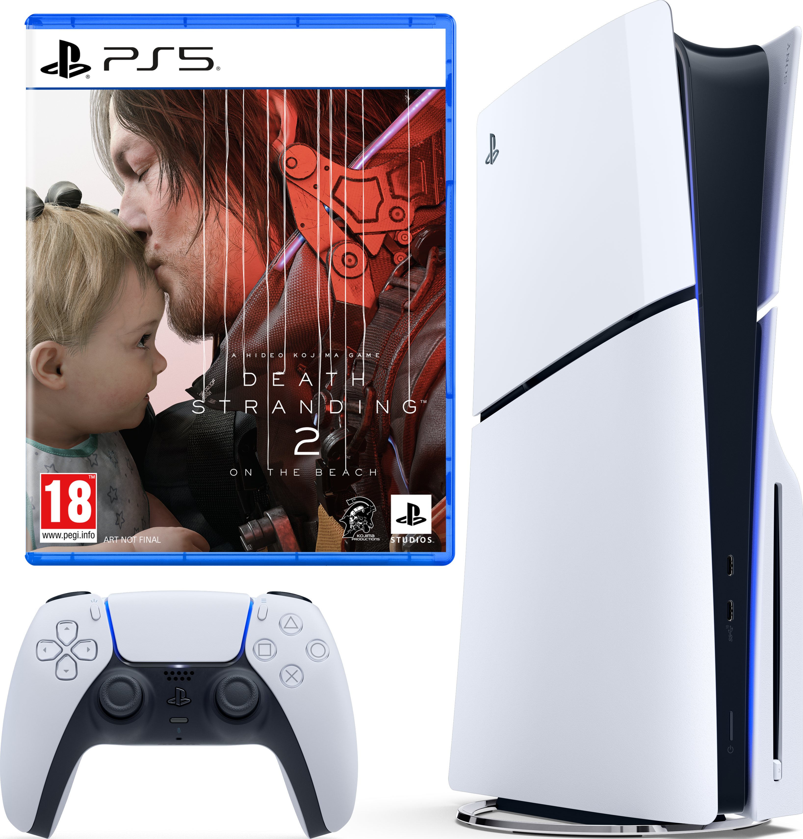 Eine PS5-Konsole, eine Death Stranding 2-Spielhülle und ein Controller stehen auf einer weißen Oberfläche. Die Spielhülle zeigt einen Mann, der ein Baby küsst.