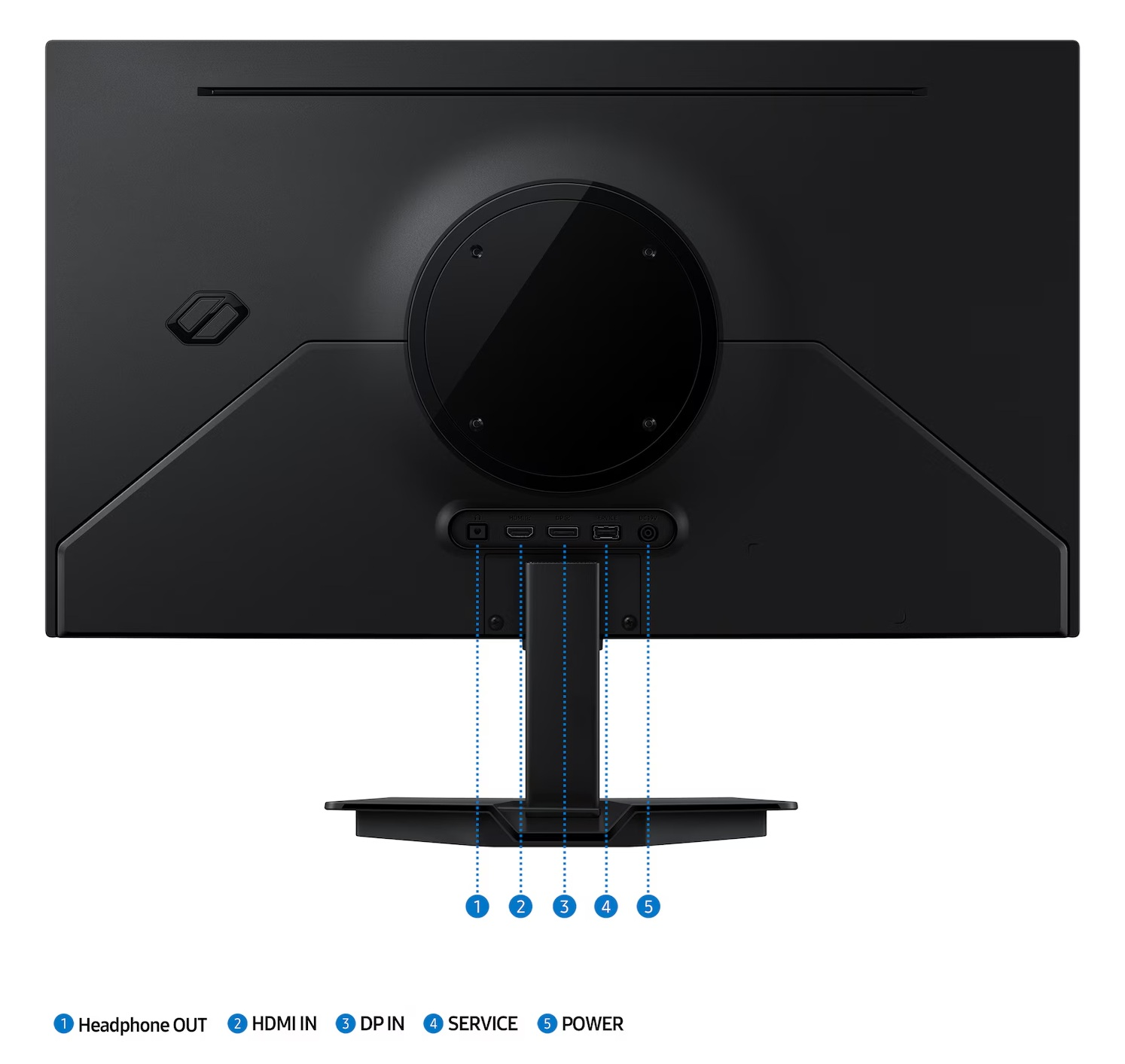 Tył czarnego monitora z portami: wyjście słuchawkowe, wejście HDMI, wejście DP, serwis i zasilanie. Stojak na dole.