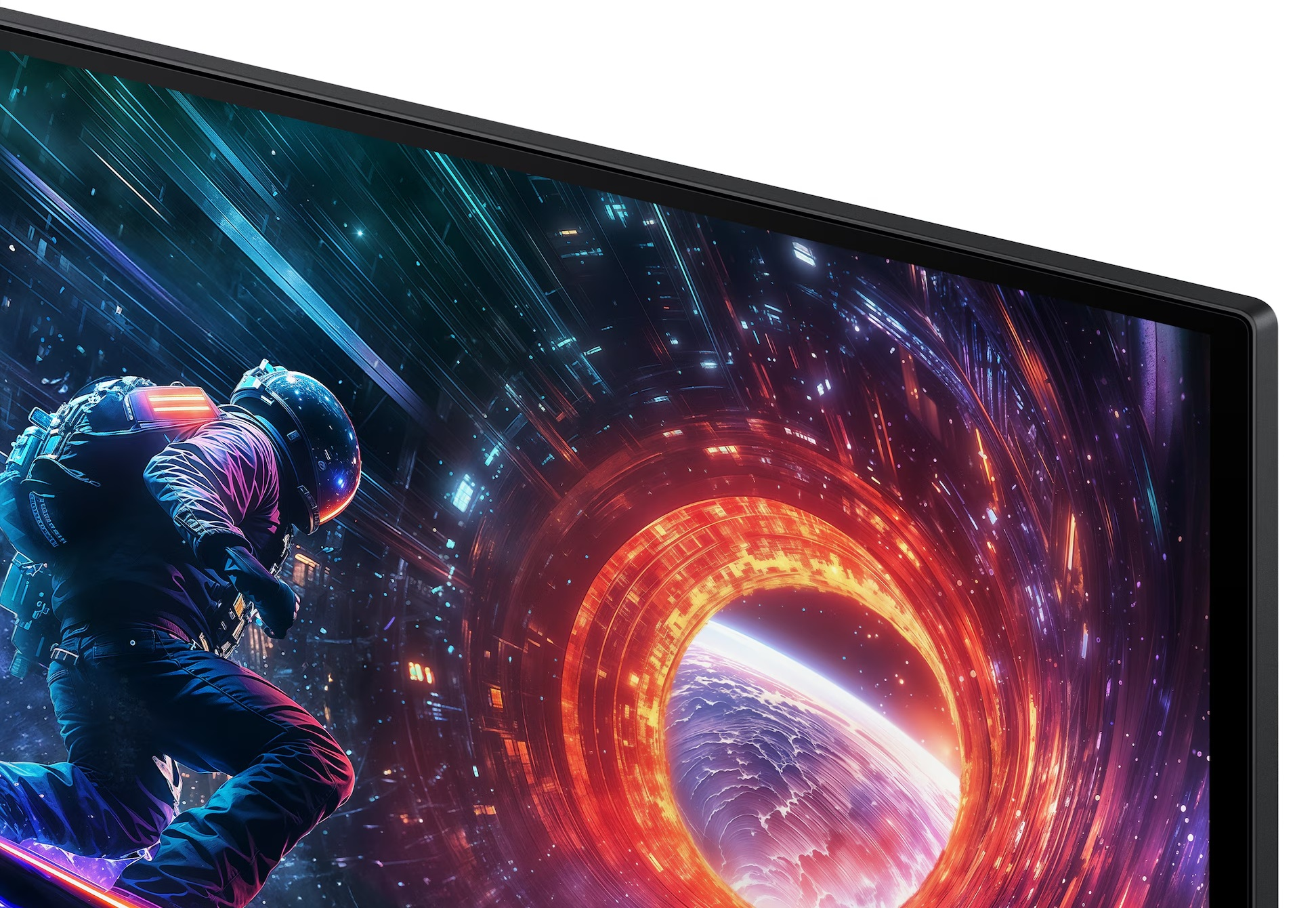 Astronauta wpada w tunel kosmiczny. Scena jest wewnątrz monitora. Kolorowe tło kosmiczne z planetą.