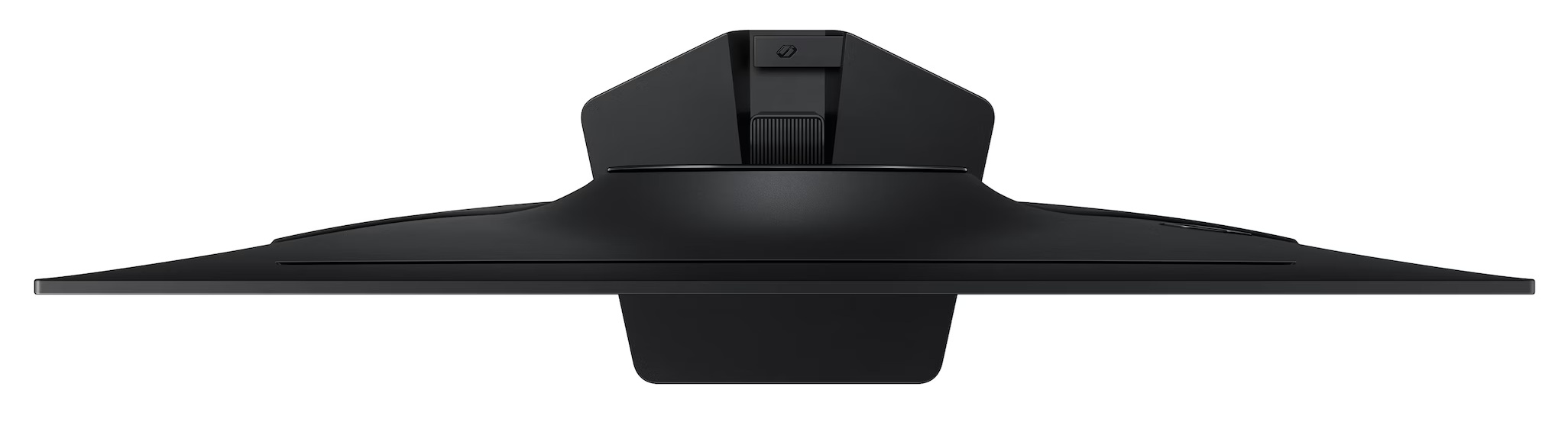 Widok z góry na czarny monitor. Widoczna jest podstawa, stojak i ekran, wszystko w kolorze czarnym na białym tle.