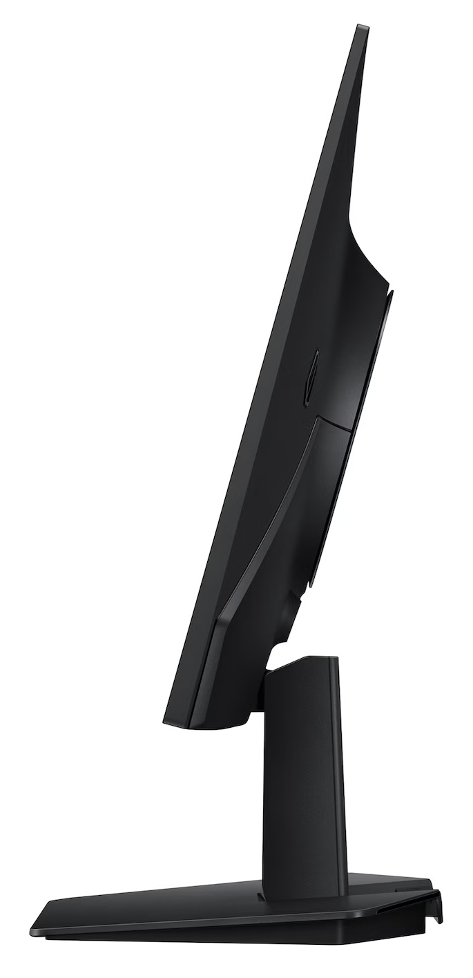 Czarny monitor komputera na białym tle. Monitor jest pod kątem. Jego podstawa jest również czarna.