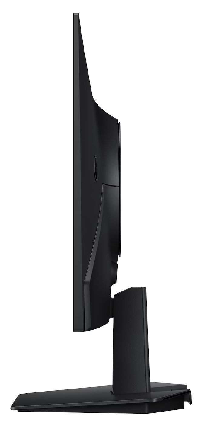 Widok z boku czarnego monitora komputera. Ma cienką ramkę, podstawę i podstawę. Tło jest białe.