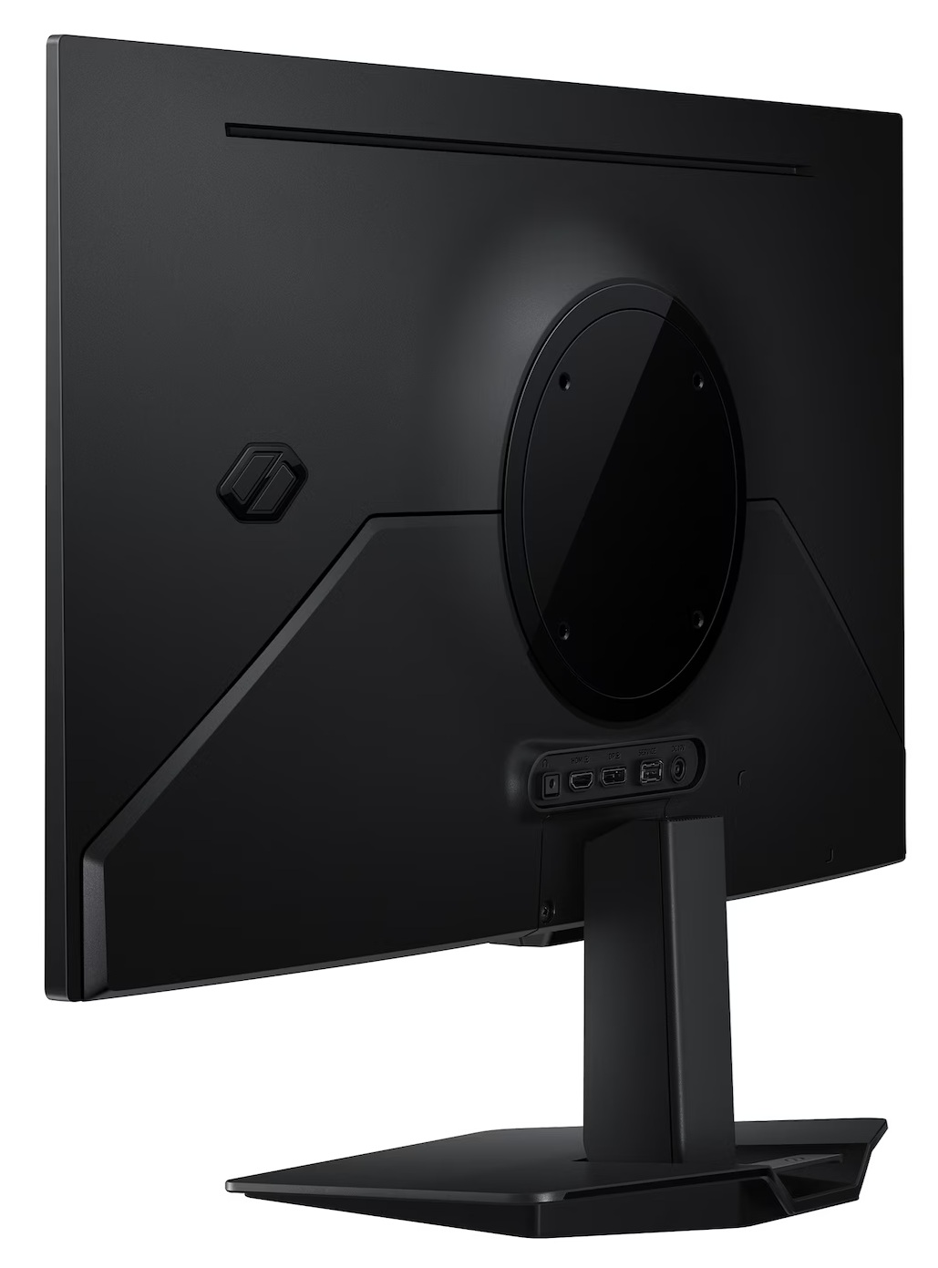 Widoczny jest tył czarnego monitora komputera, z widocznymi portami u dołu. Podstawa jest również czarna.