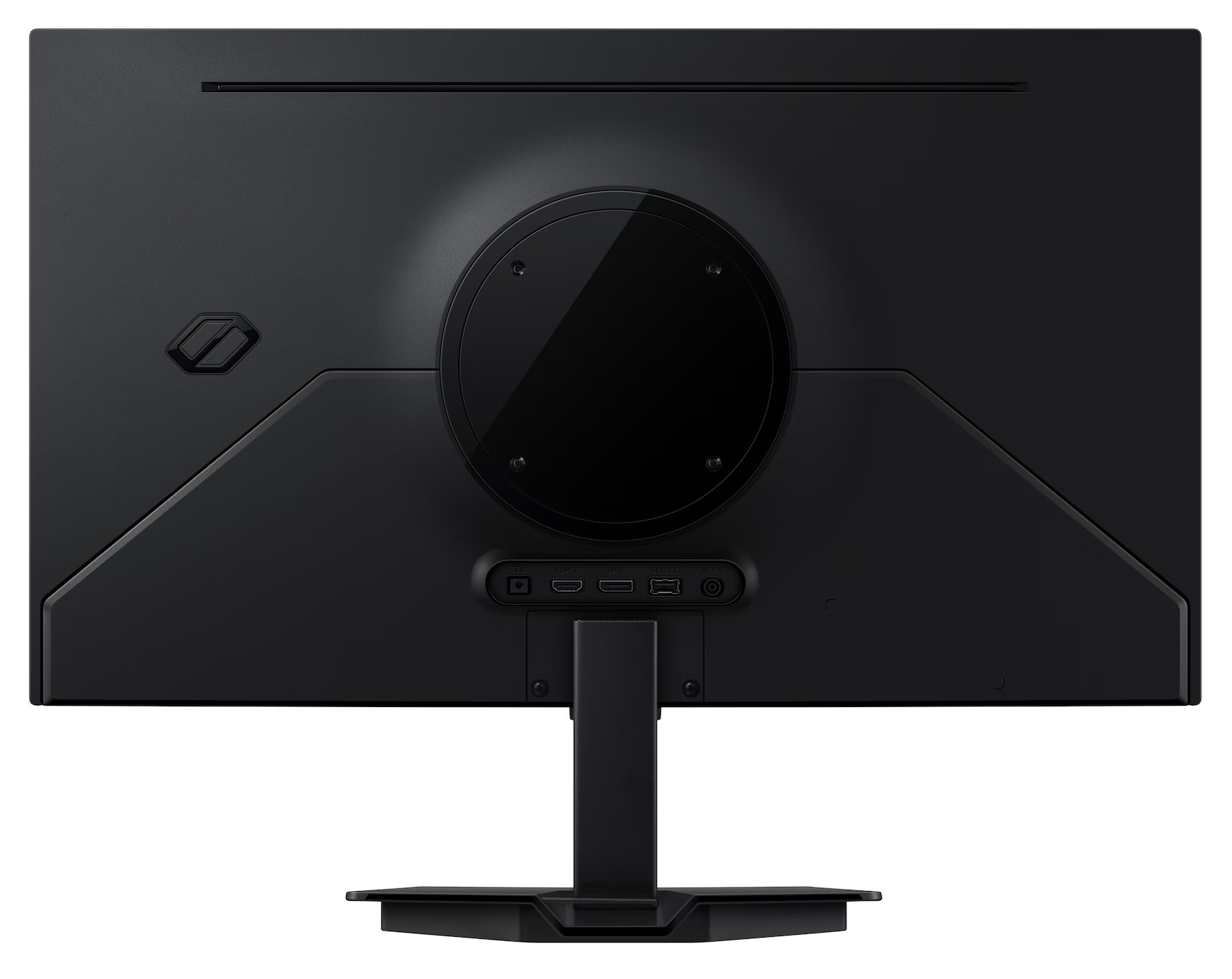 Tył czarnego monitora komputera. Ma okrągłą sekcję na środku i podstawkę na dole.