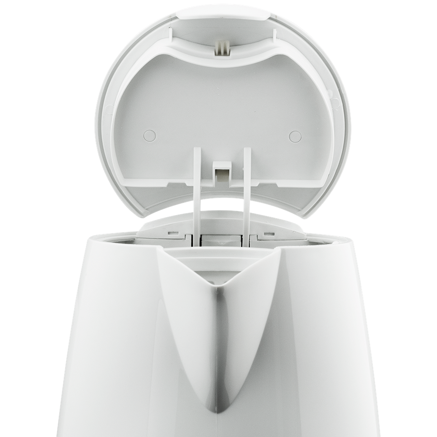 Een witte elektrische waterkoker met het deksel open. De tuit van de waterkoker is zichtbaar. Het deksel is open en onthult de binnenkant.