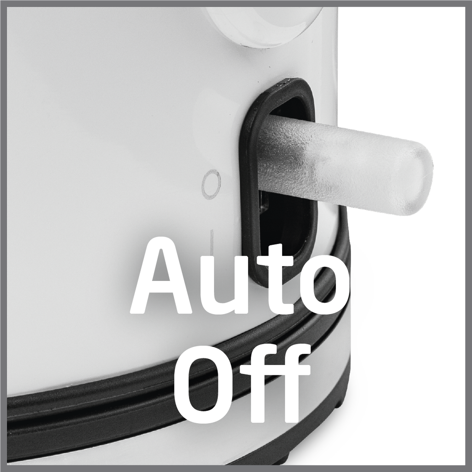 Close-up van een wit apparaat met tekst 'Auto Off'. Een doorzichtig plastic deel komt uit een zwarte opening.