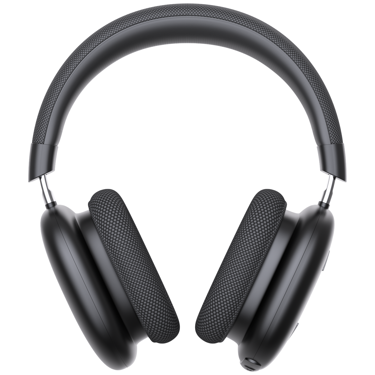 Zwarte over-ear koptelefoon, met een gewatteerde hoofdband en oorschelpen met een mesh-achtige textuur, geïsoleerd op een witte achtergrond.