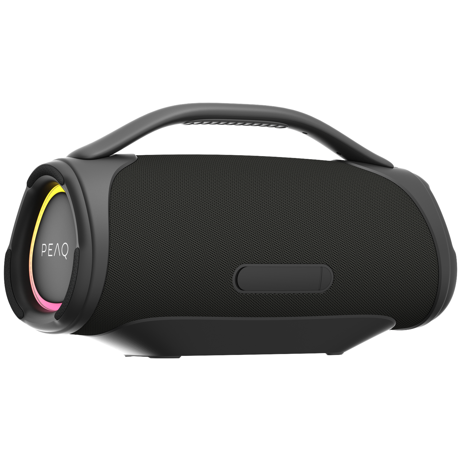 A black portable speaker with a handle. It has a mesh front, a side with the word 'PEAQ,' and a colorful light ring.