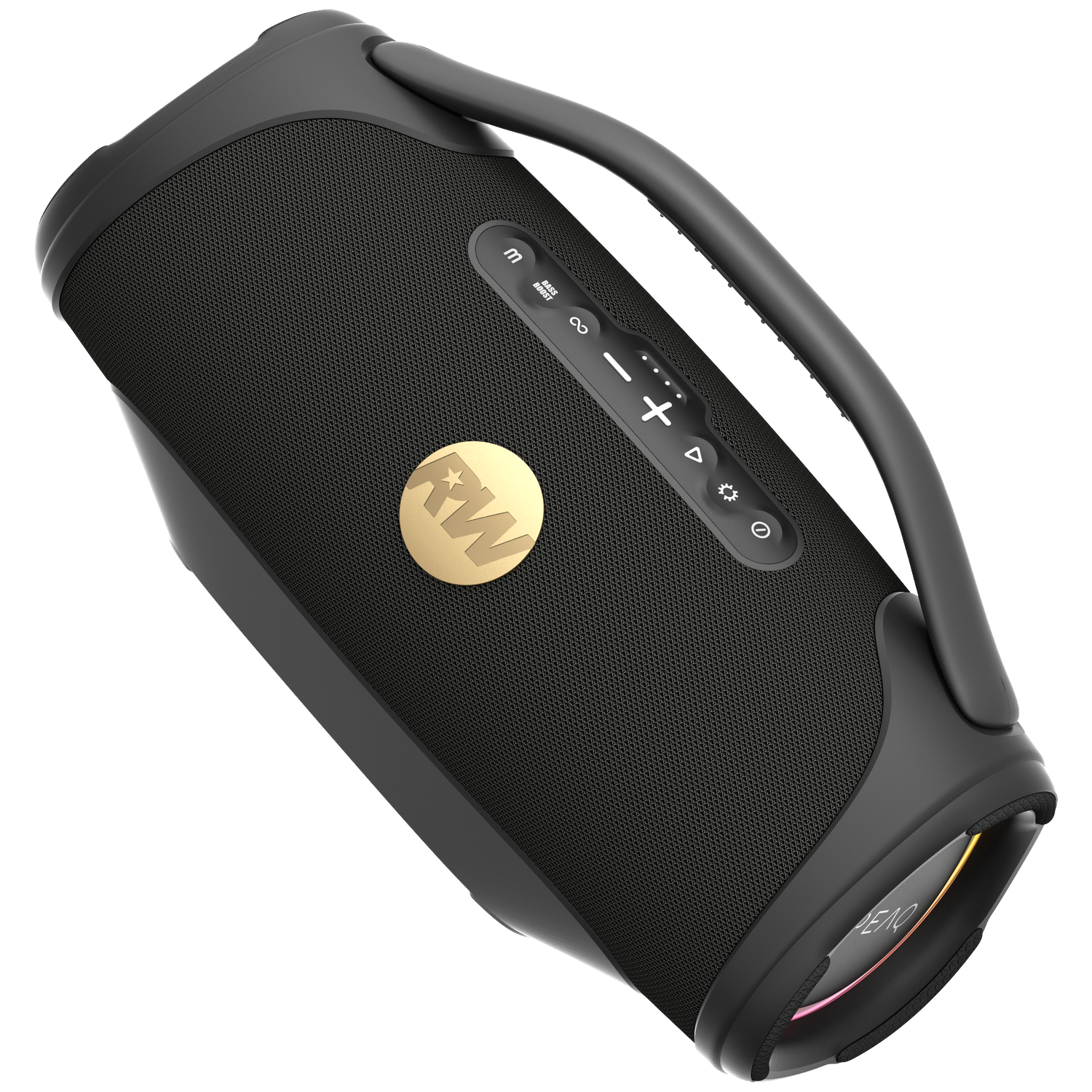 Black portable speaker with a handle. Features buttons, a gold logo, and a mesh speaker cover. The bottom is lit with colors.