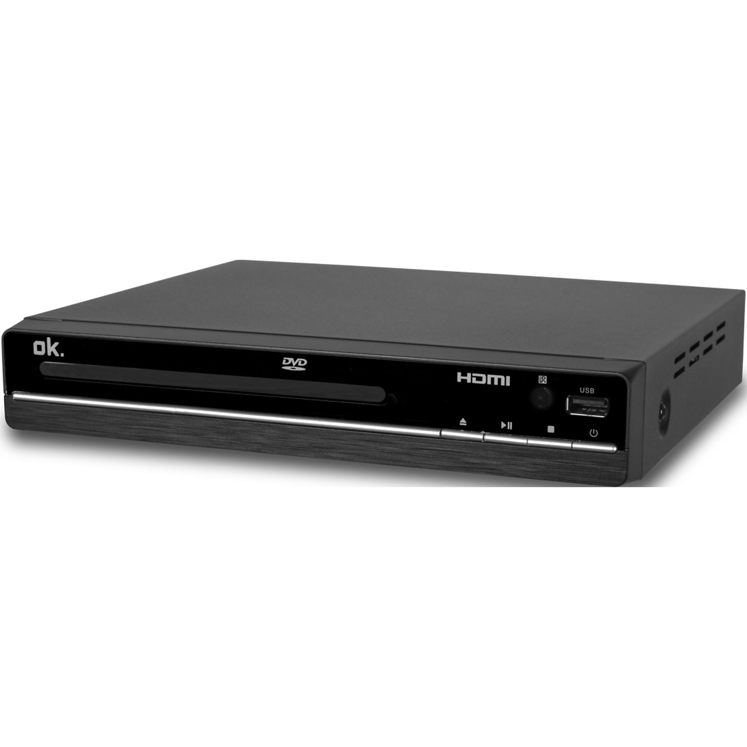 Een zwarte dvd-speler met zilveren rand, met de tekst 'ok.' en 'DVD'. Voorzien van HDMI- en USB-poorten, bedieningsknoppen.