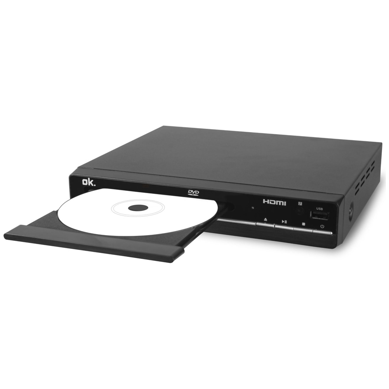 Een zwarte dvd-speler met een open schuiflade, met een witte disc. Het heeft HDMI- en USB-poorten.