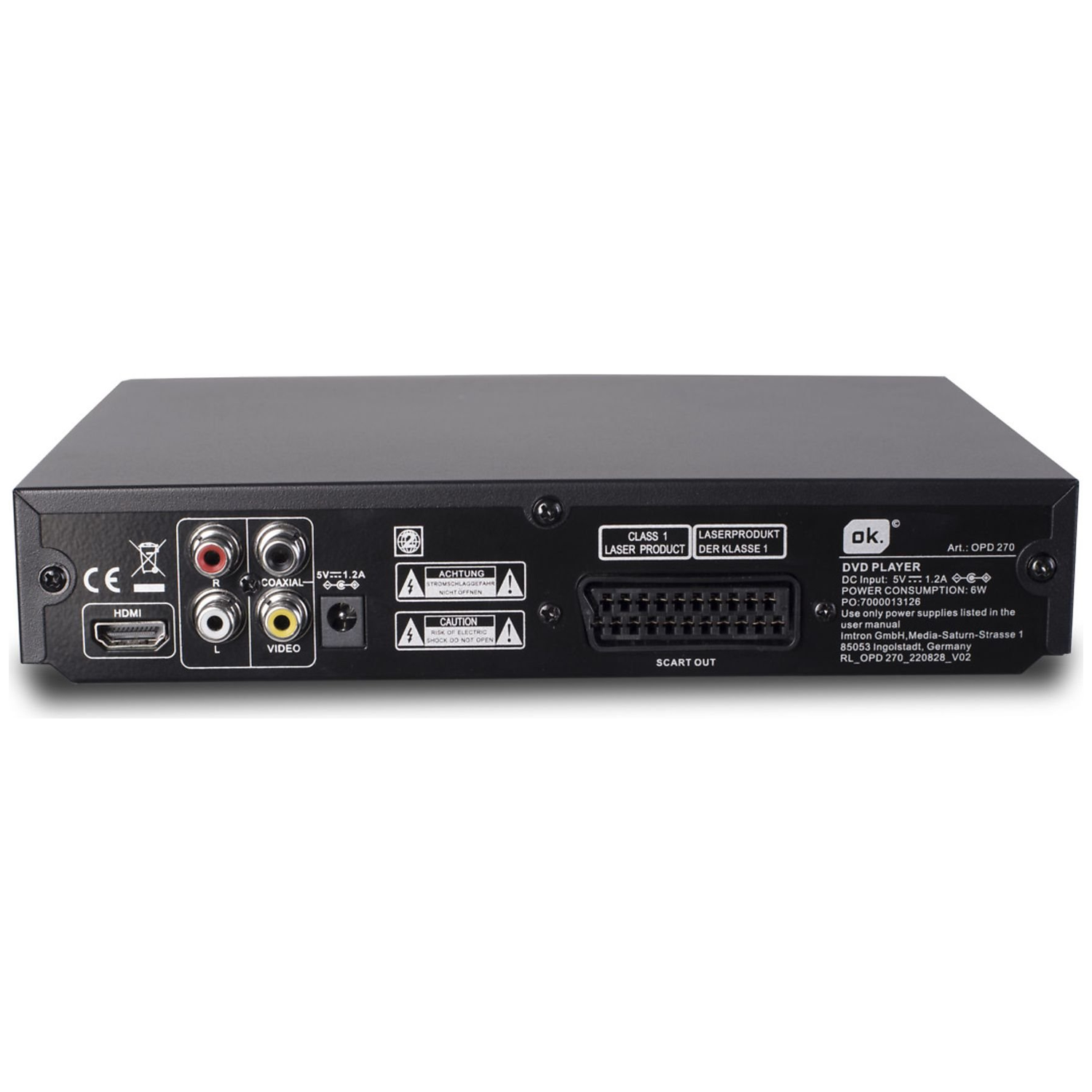 Zwarte dvd-speler met diverse poorten: HDMI, coaxiaal, video en SCART. Inclusief waarschuwingslabels en het 'ok.' logo.
