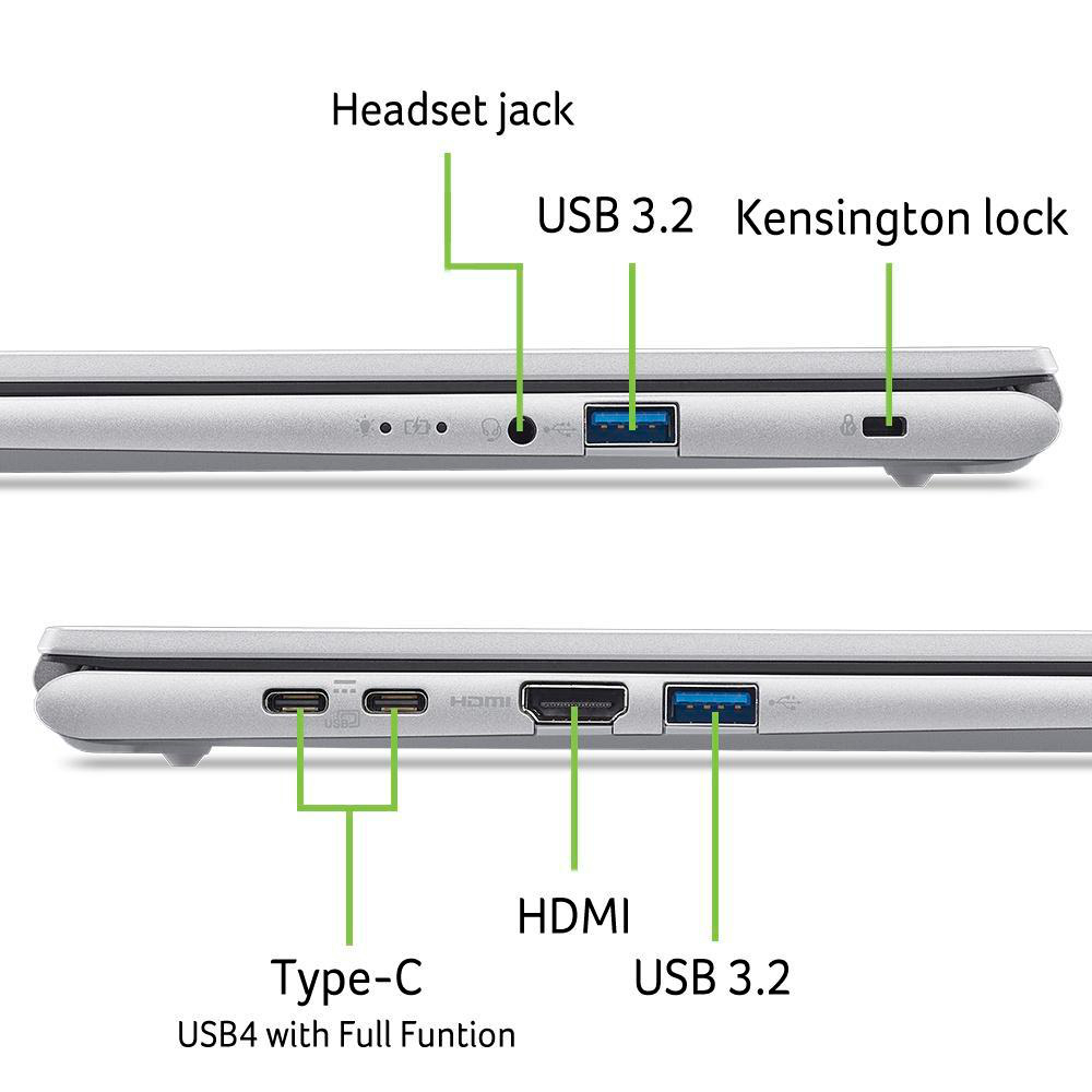 Seitenansicht des Laptops. Zeigt Anschlüsse: Kopfhöreranschluss, USB 3.2, Kensington-Schloss, Typ-C, HDMI und ein weiterer USB 3.2 Anschluss.