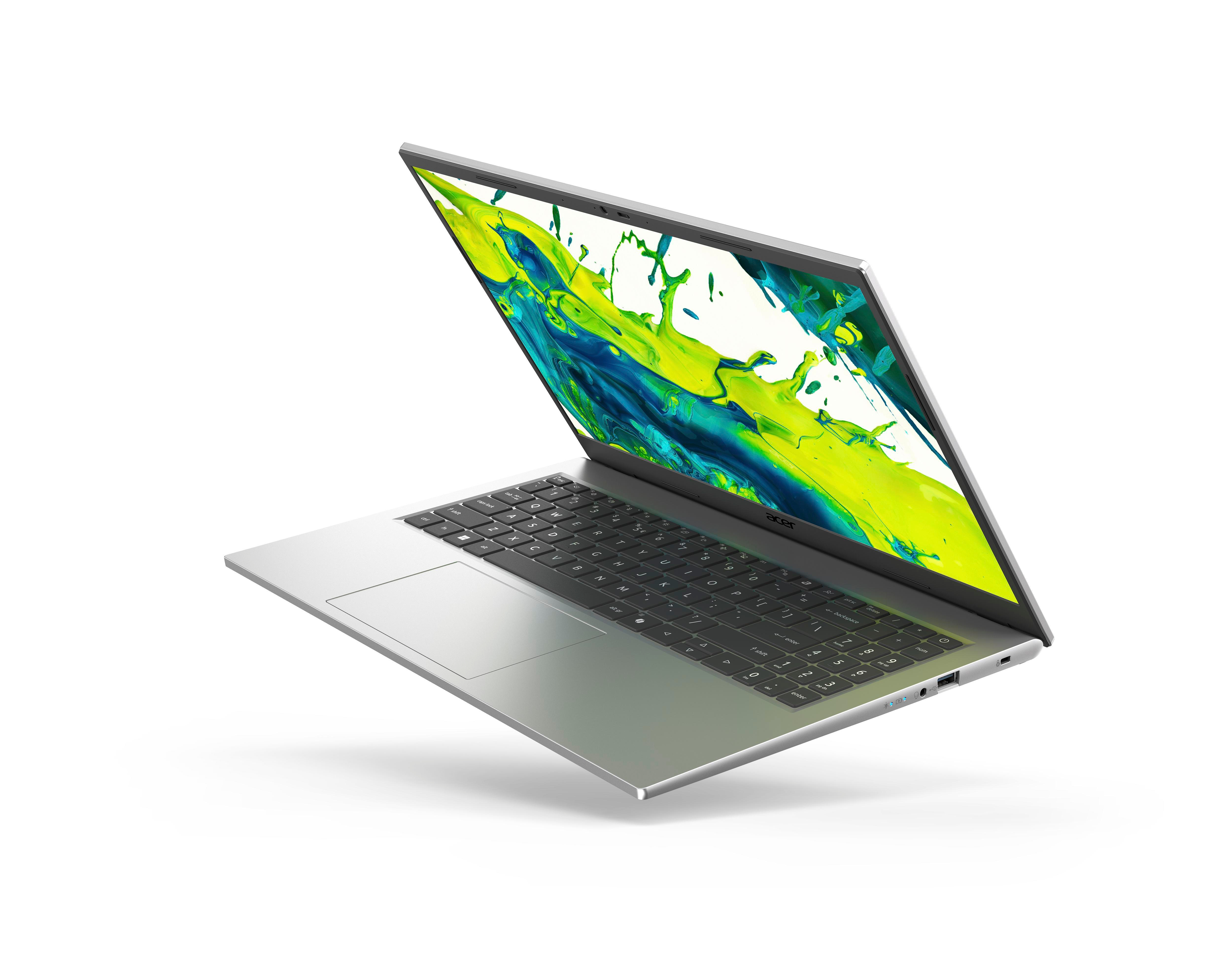 Silberner Laptop mit Tastatur, geöffnet, um ein farbenfrohes Spritzdesign auf dem Bildschirm anzuzeigen. Isoliert auf weißem Hintergrund.