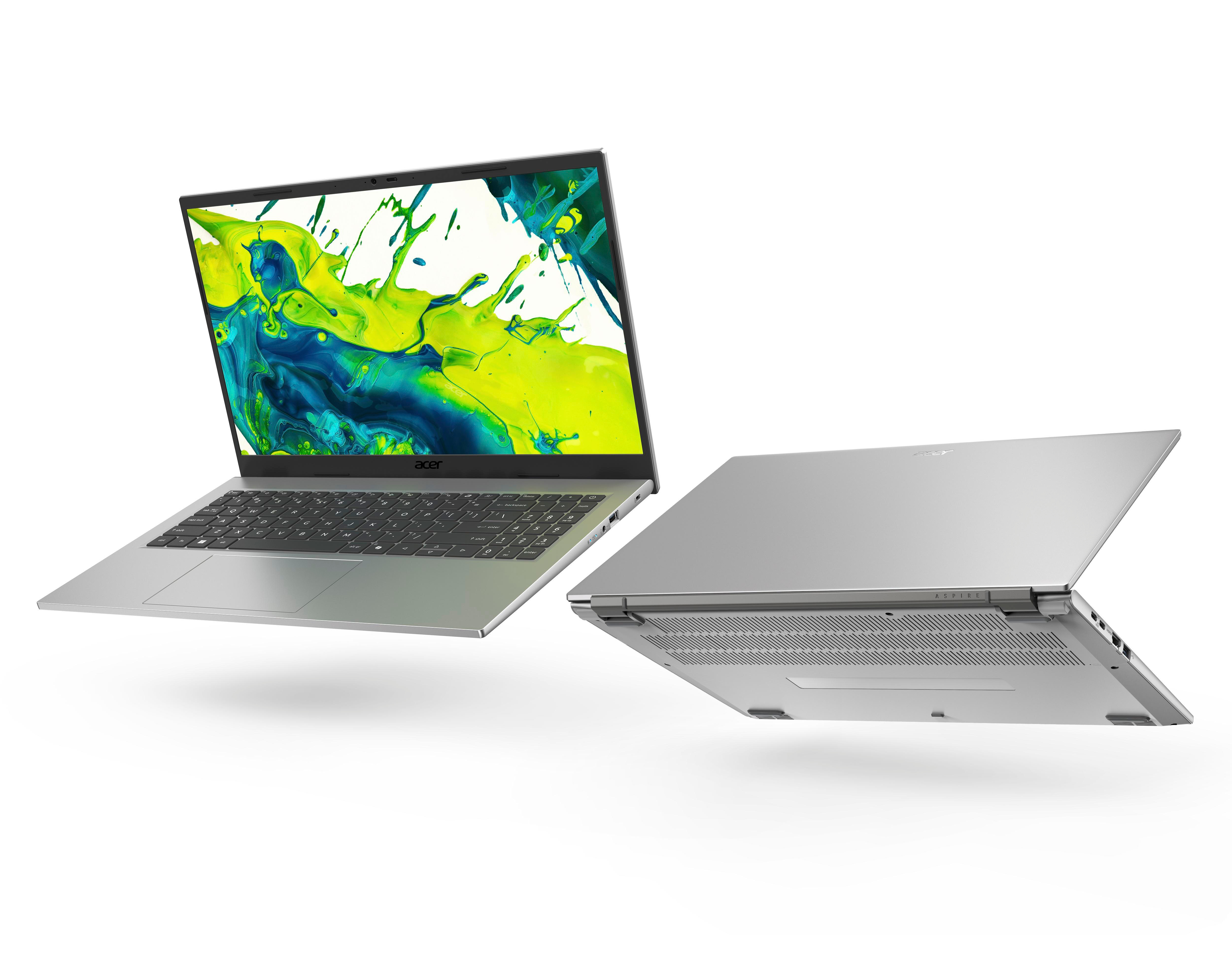 Zwei silberne Acer-Laptops auf weißem Hintergrund. Eines geöffnet, buntes Display, das andere geschlossen.