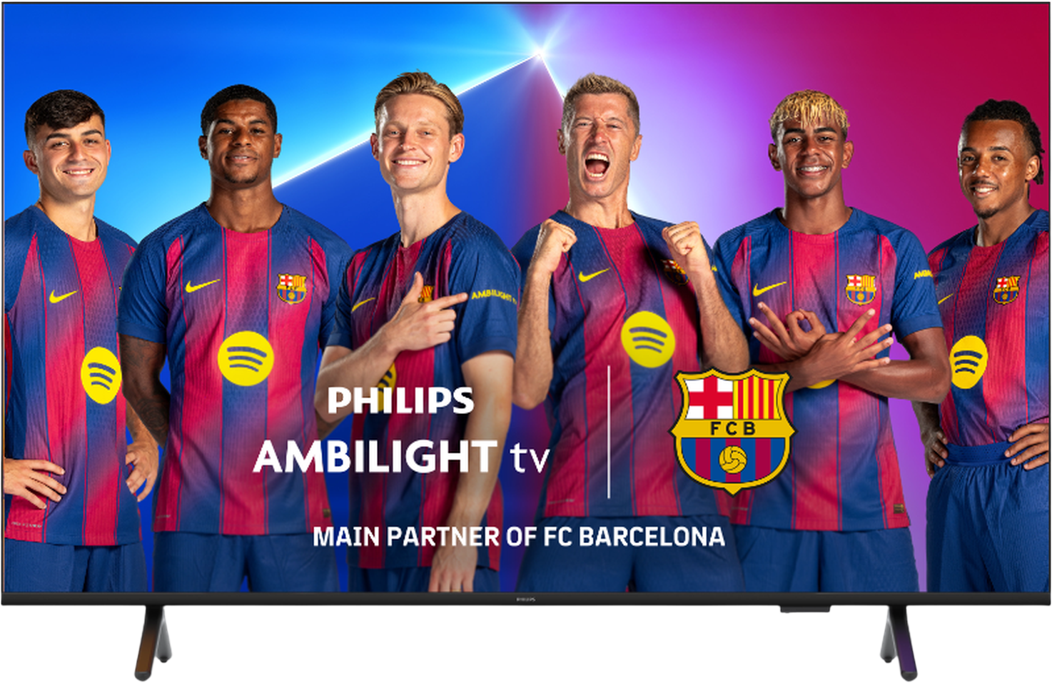 Six FC Barcelona players in jerseys stand on a TV screen, promoting Philips Ambilight TV. The FCB logo is visible.