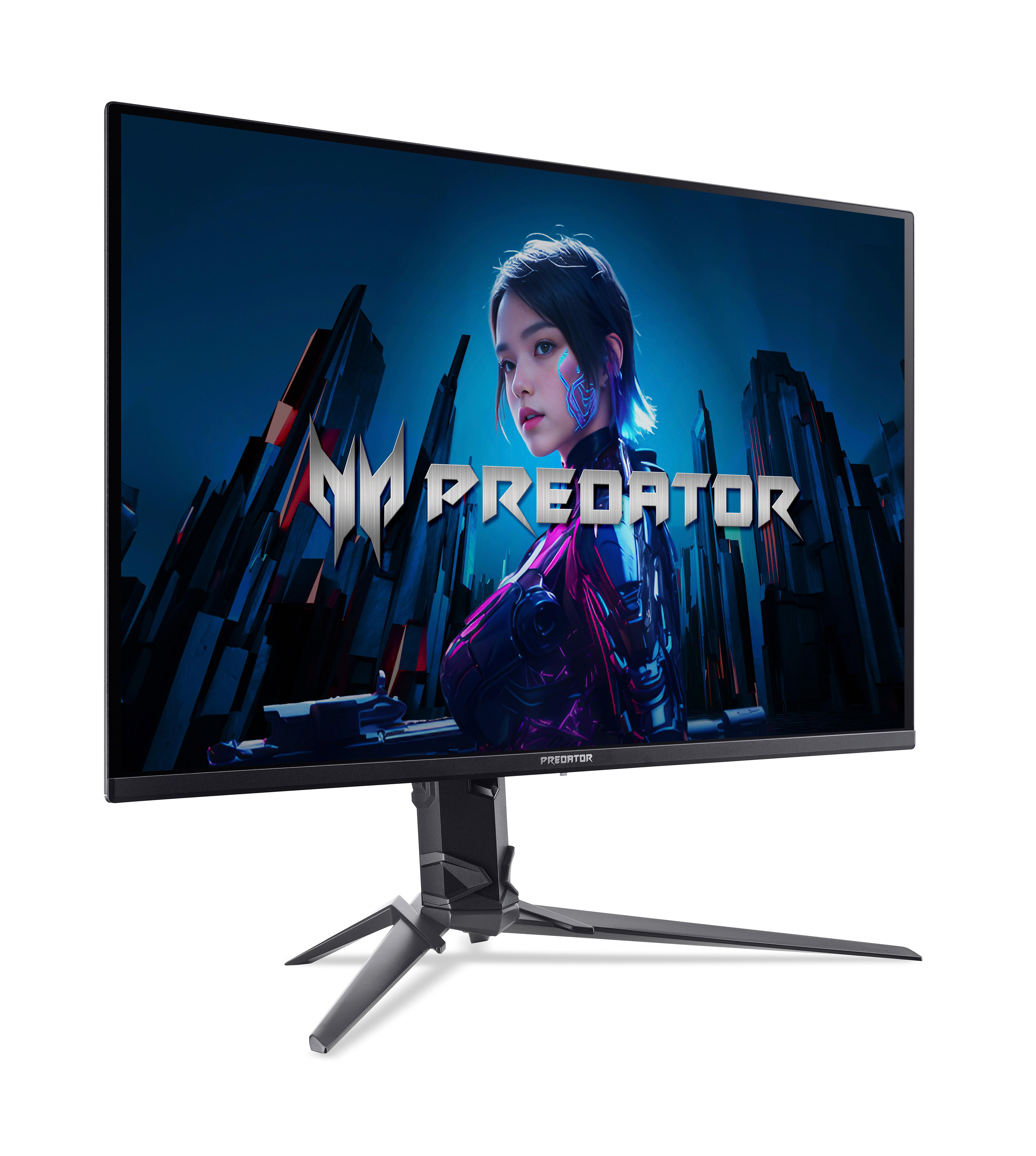 Monitor mit Frau auf dem Bildschirm, Predator-Logo, schwarzer Ständer, weißer Hintergrund.