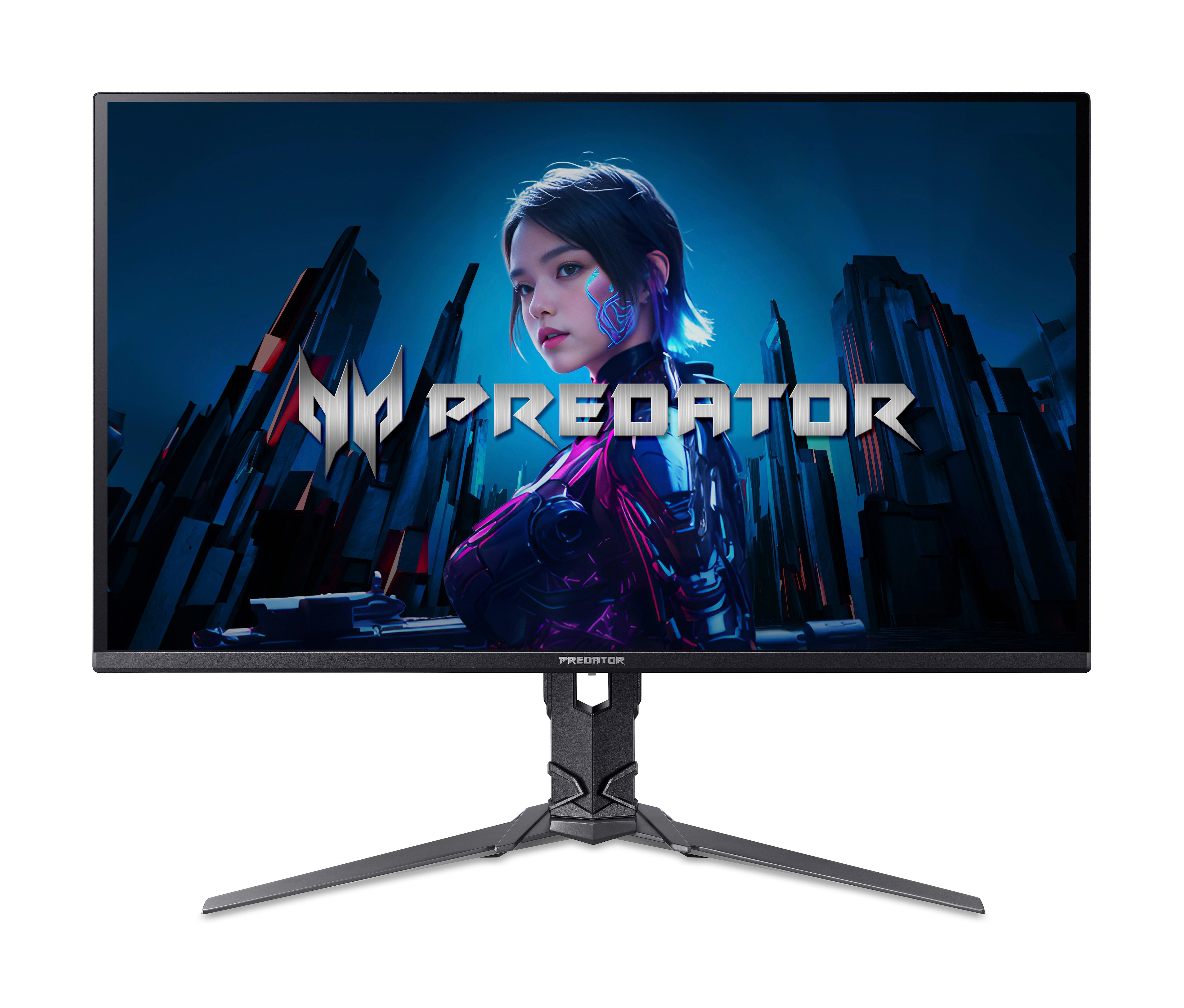 Monitor mit Frau auf dem Bildschirm, Predator-Logo. Schwarzer Rahmen und Ständer auf weißem Hintergrund.
