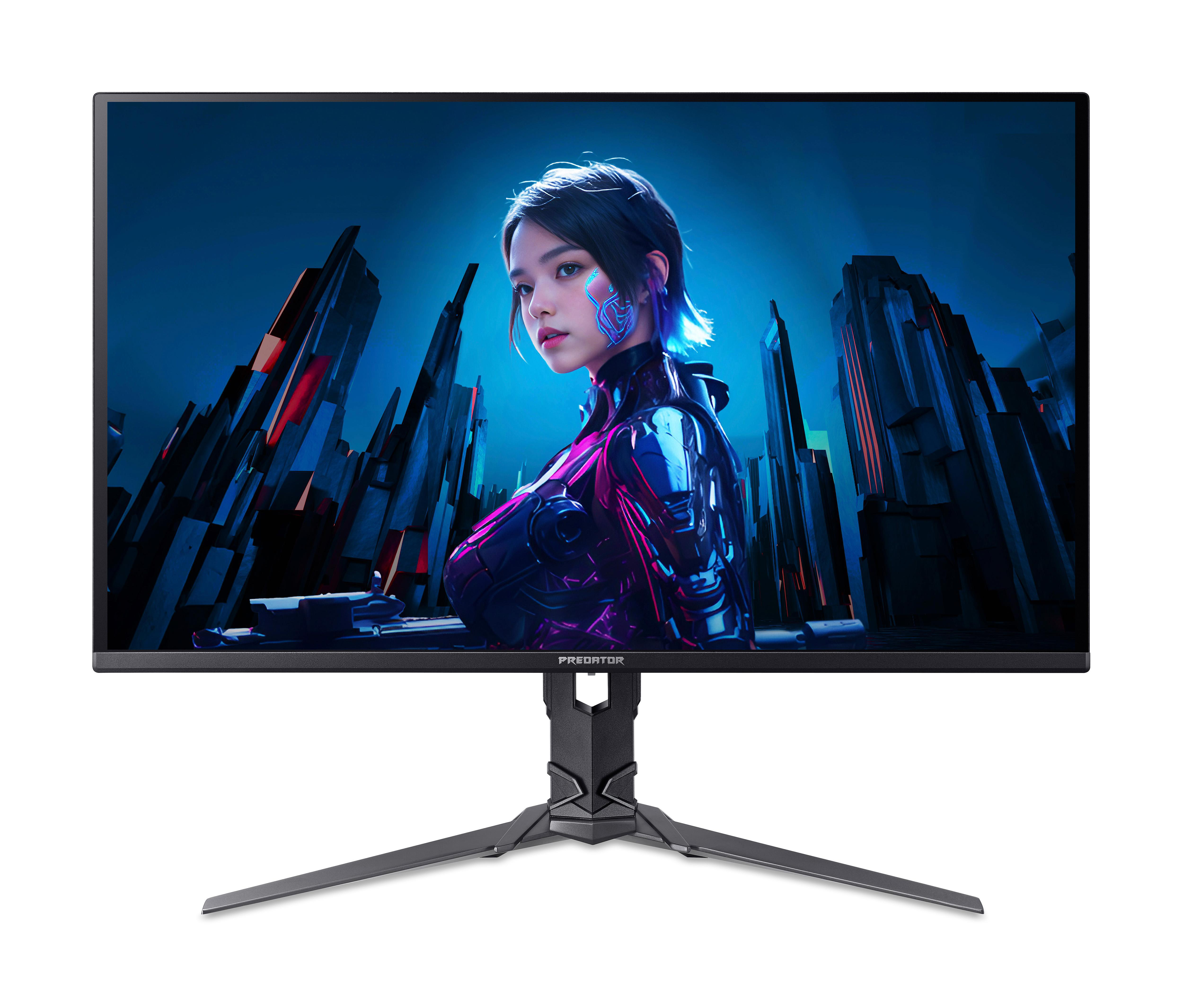 Monitor mit Frau auf dem Bildschirm, futuristische Stadt im Hintergrund. Predator-Logo unten, schwarzer Ständer.