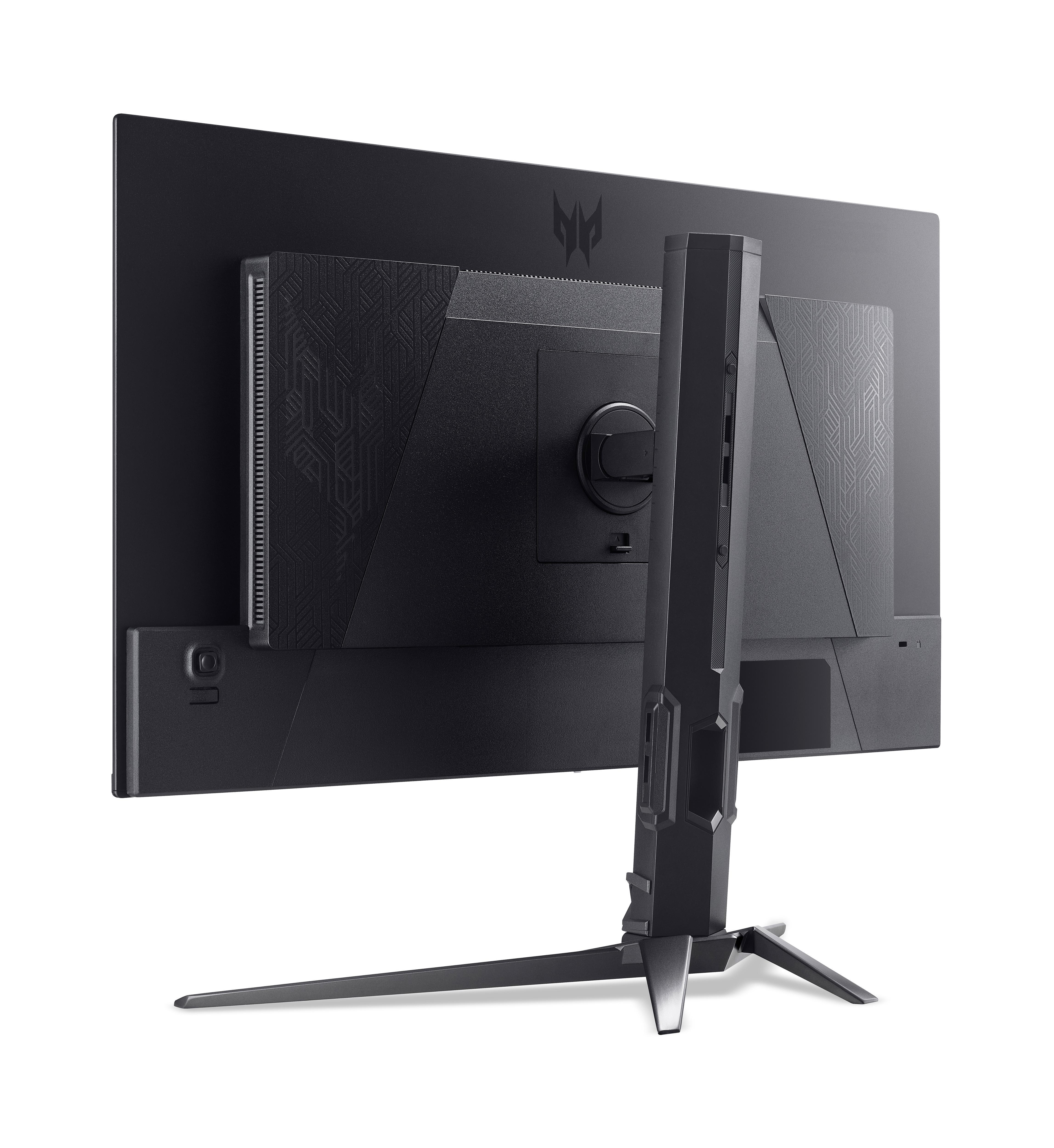Die Rückseite eines schwarzen Predator-Gaming-Monitors mit Ständer und Logo vor weißem Hintergrund.
