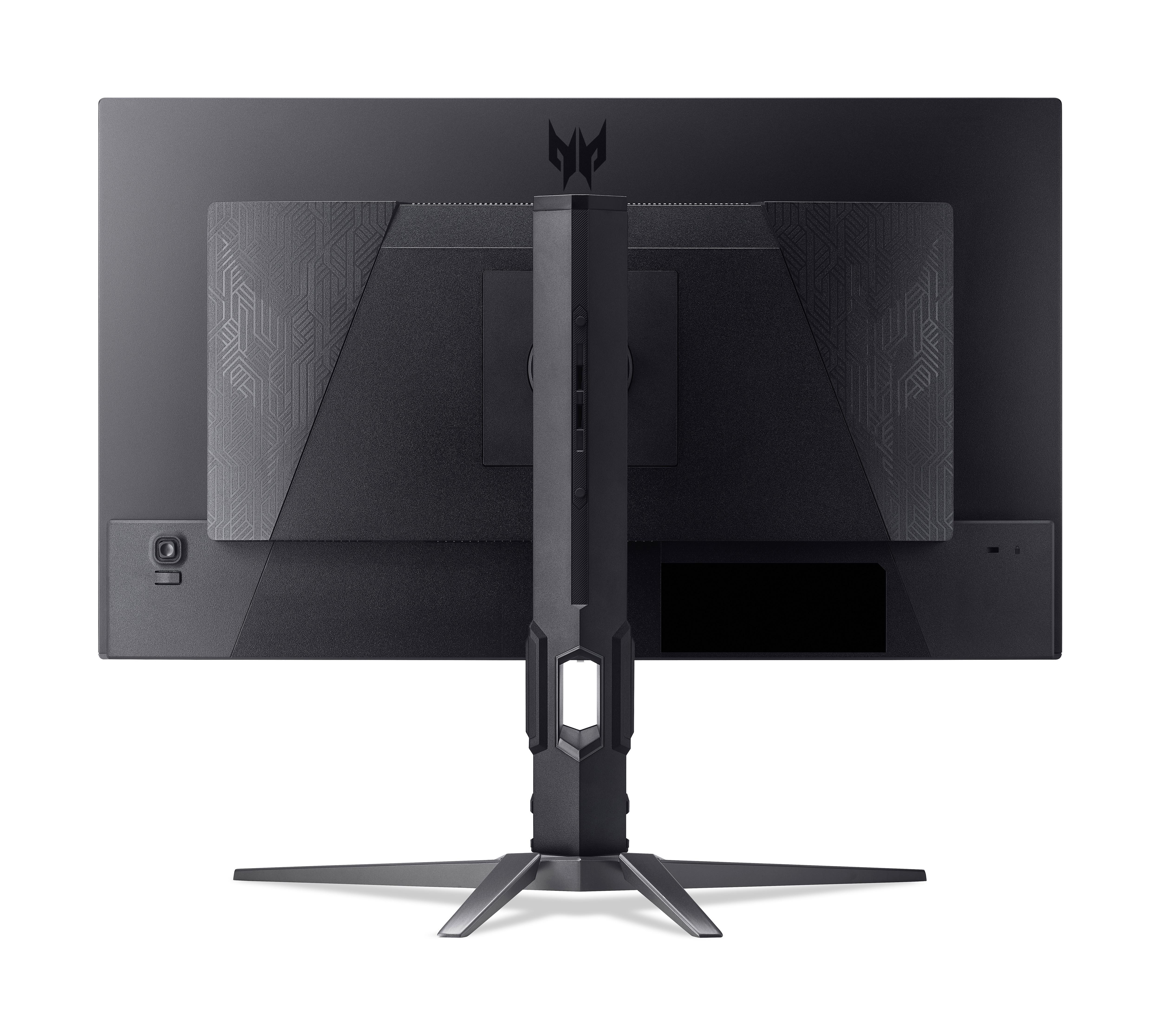Die Rückseite eines schwarzen Computermonitors. Er hat einen Ständer und ein Logo oben.