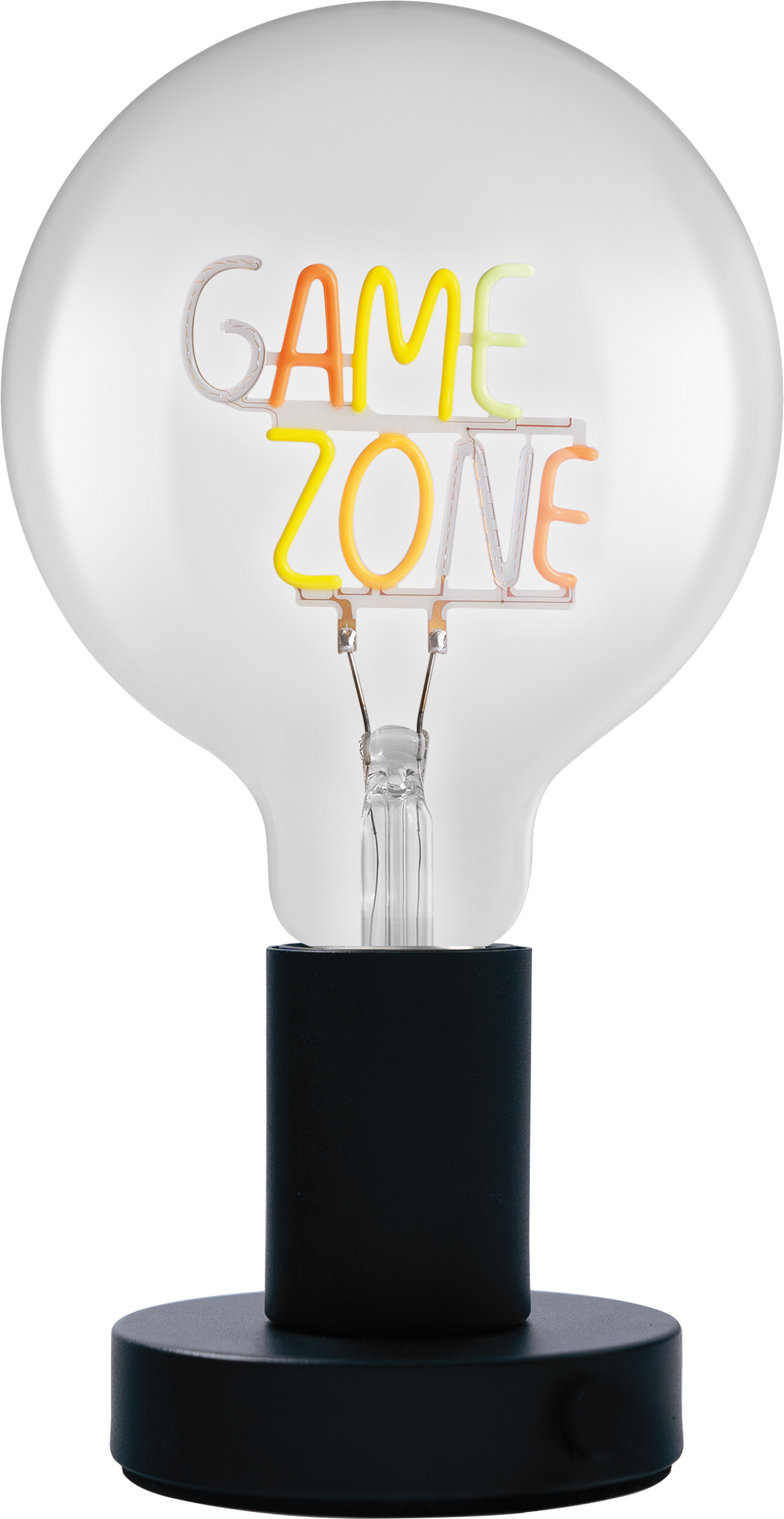 Egy izzó a GAME ZONE szavakkal neon színekben. Fekete állványon van. Fekete háttér.