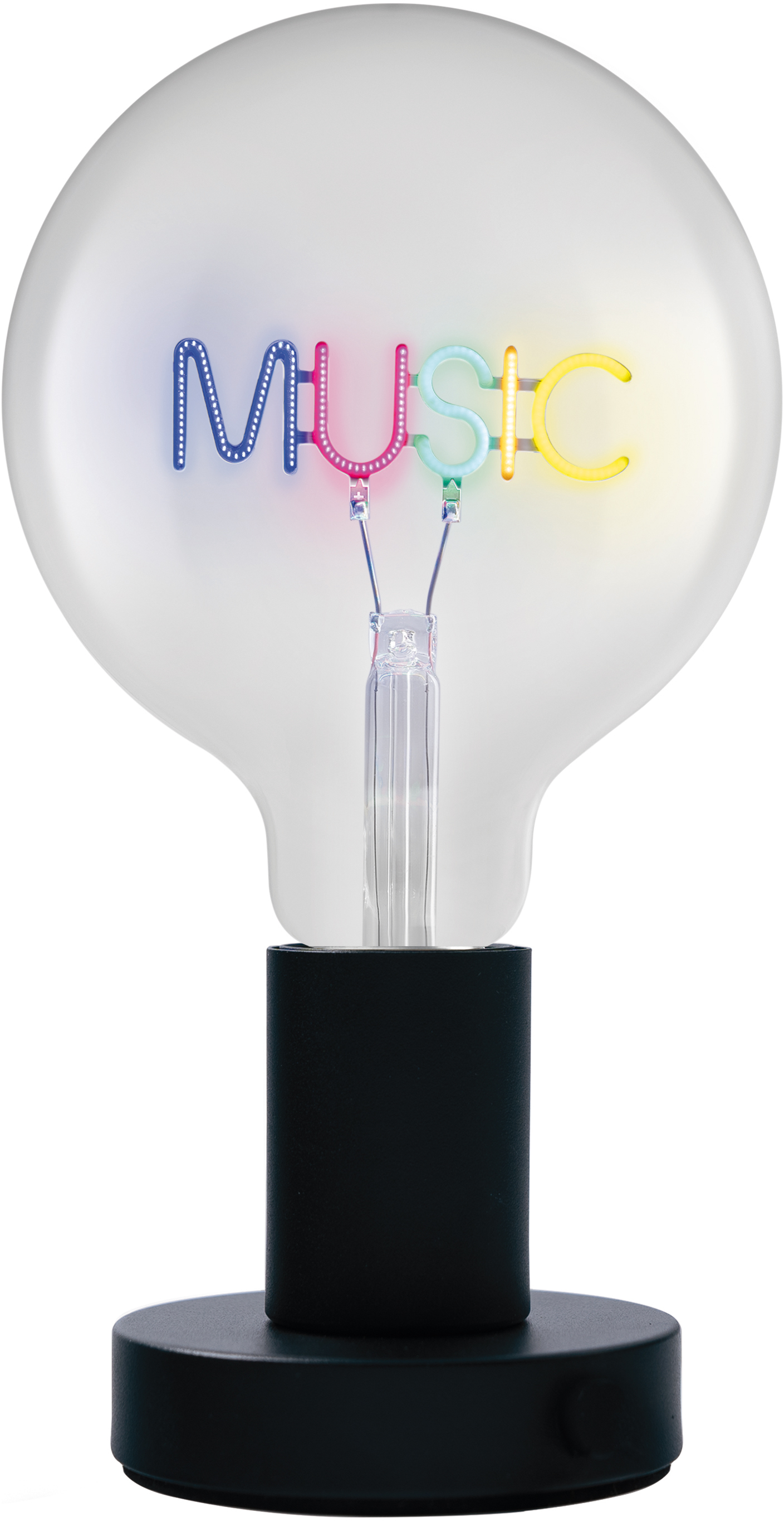Egy izzó alakú tárgy, benne a 'MUSIC' szó neon színekben. Fekete talppal rendelkezik.