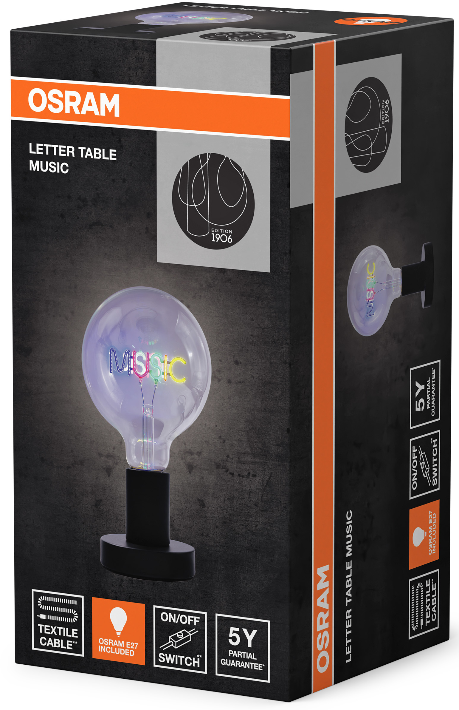 Osram Letter Table Music lámpa doboza. A lámpában a "MUSIC" szó található. A doboz fekete, narancssárga csíkokkal.