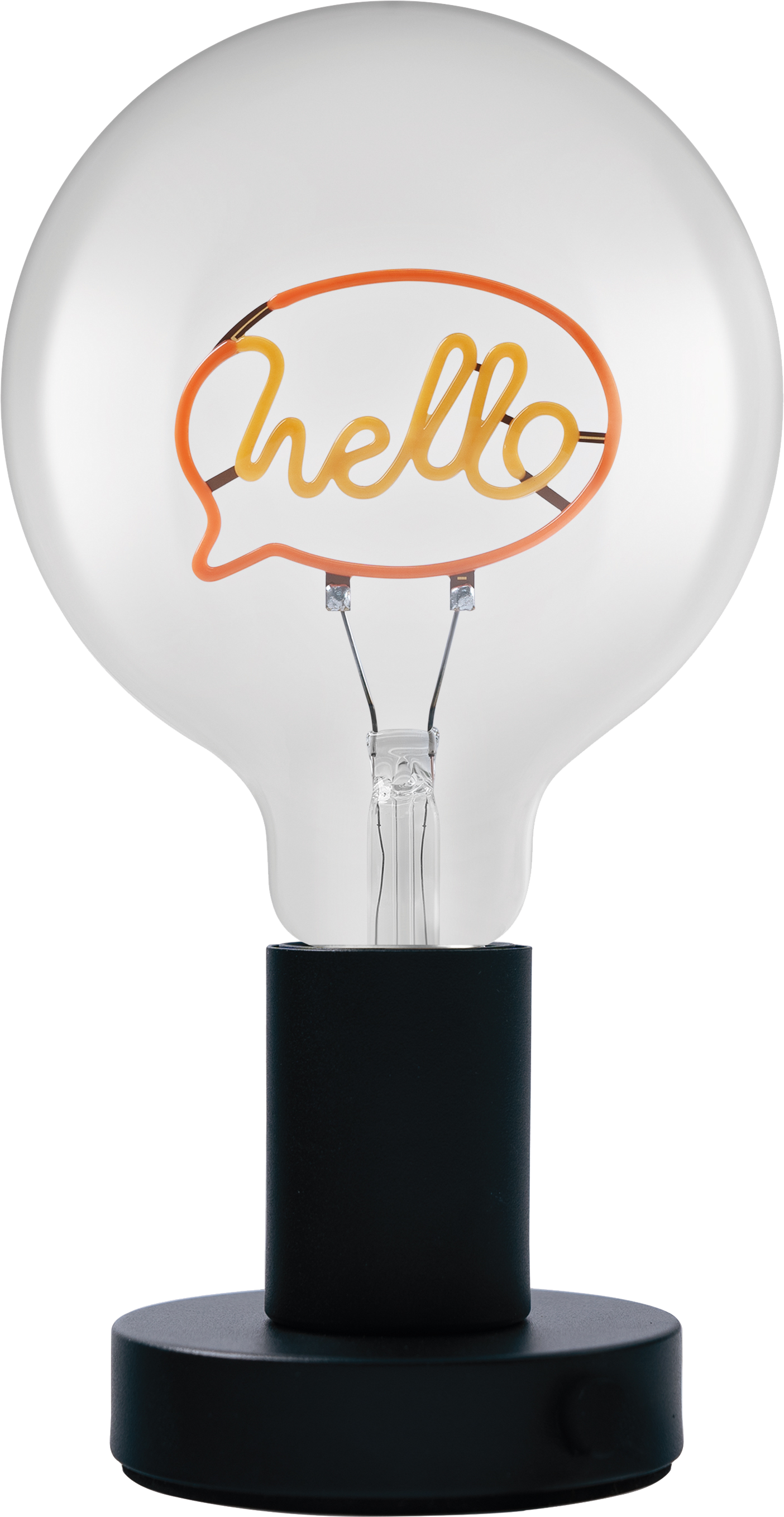 Egy izzó a "hello" szóval egy buborékban. Az izzó egy fekete állványon van. Fekete háttér.