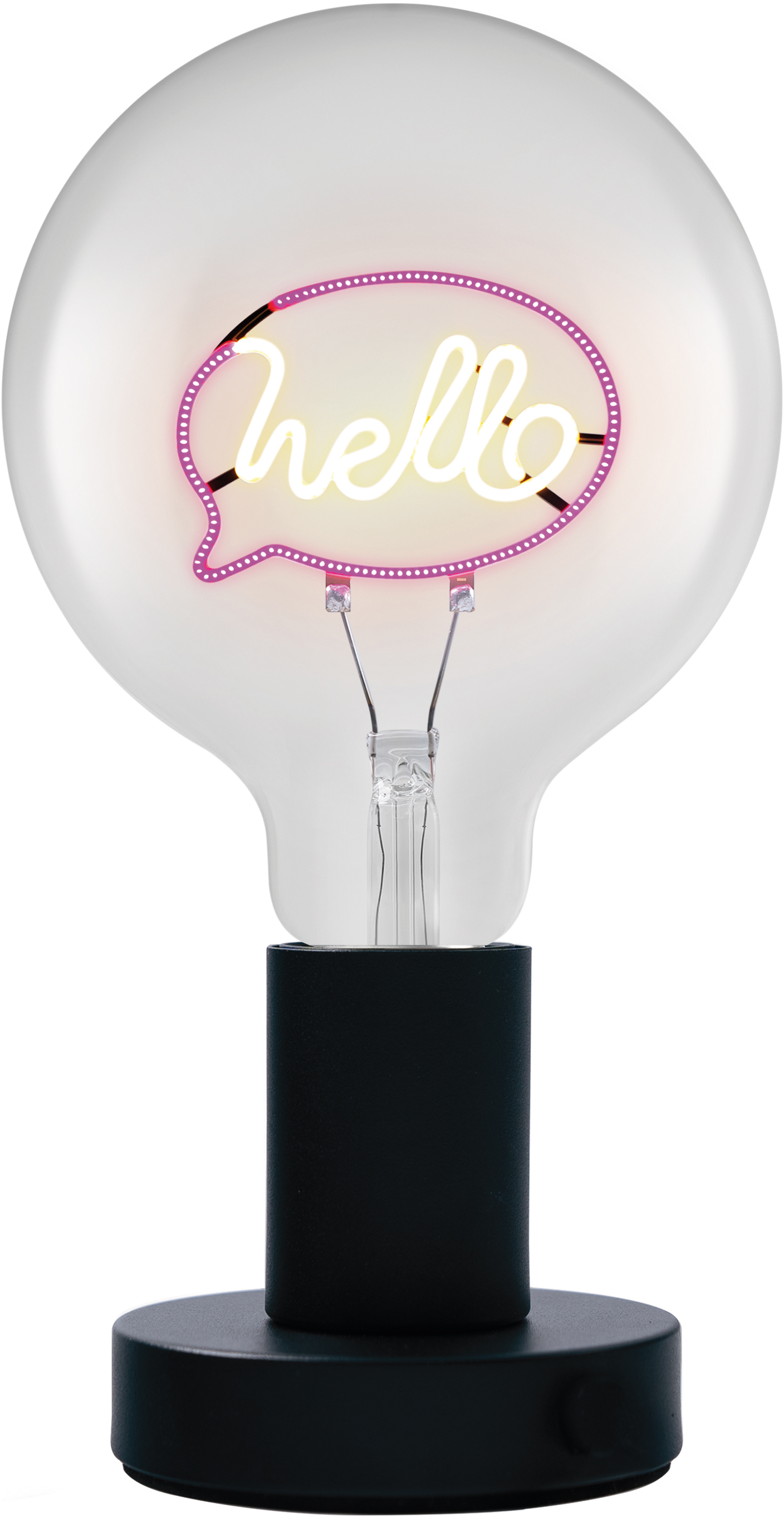 Egy villanykörte a "hello" szóval neonban. A villanykörte fehér, az alap fekete.