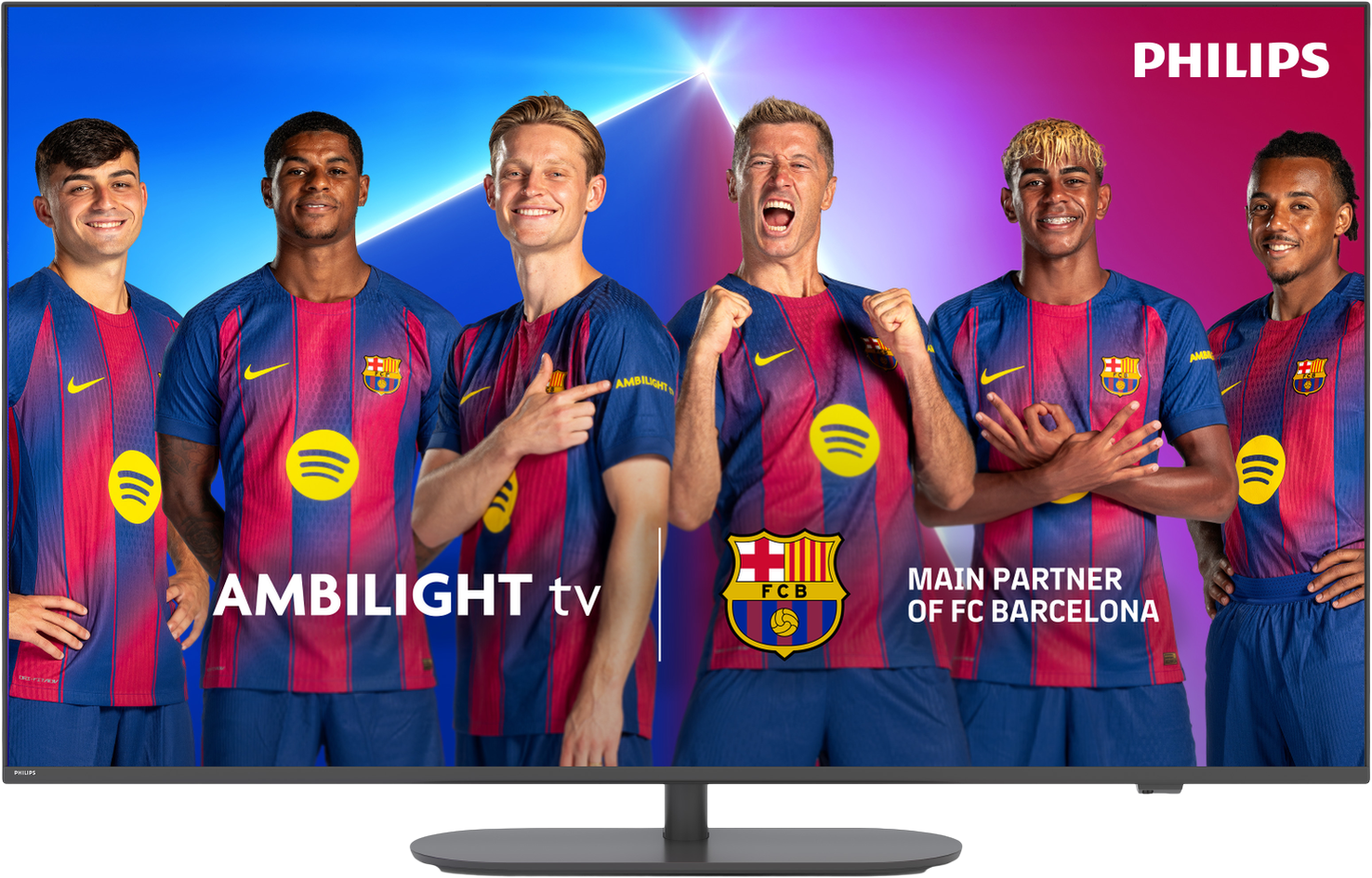 Zes FC Barcelona-spelers in shirts op een tv-scherm, met Philips-logo en tekst.