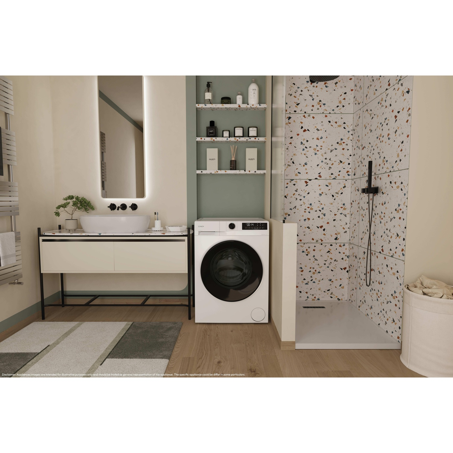 Scena bagno con lavatrice, doccia, mobile lavabo e mensole. Colori neutri con design moderno. Piastrelle terrazzo nella doccia.