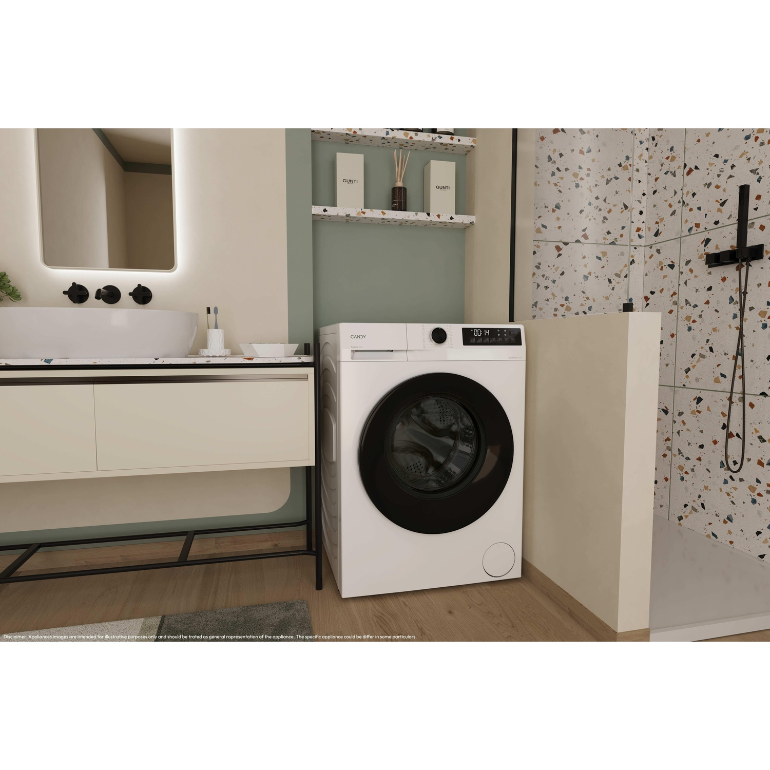 Un bagno moderno con lavatrice, lavabo e doccia. La lavatrice è bianca e nera. Le pareti sono in tonalità neutre.